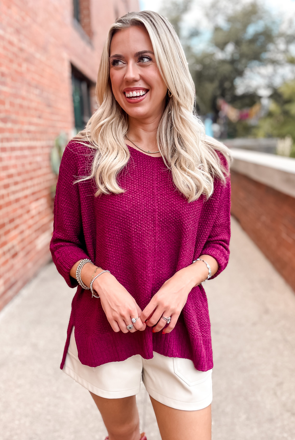 Crew Neck Knit Sweater - Cranberry