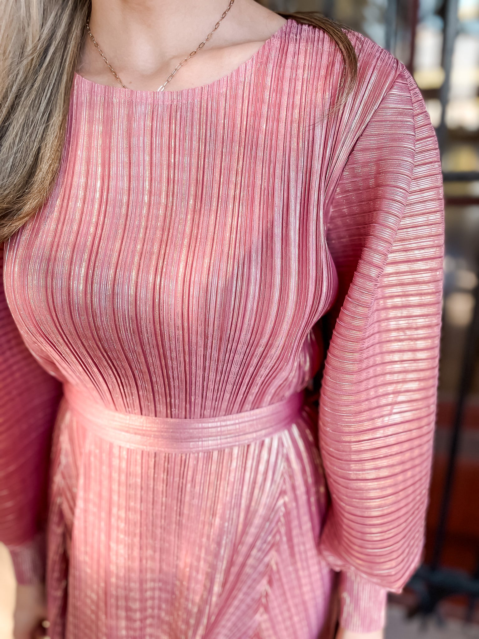 Metallic Pleats Dress - Pink