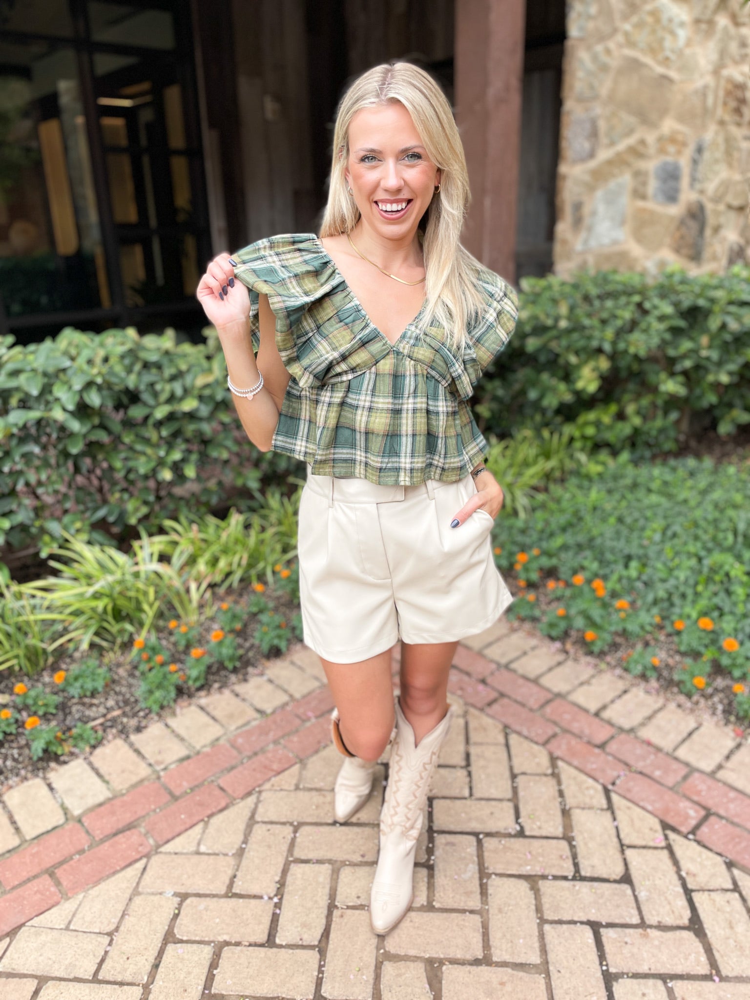 Plaid Ruffle Crop Top - Green