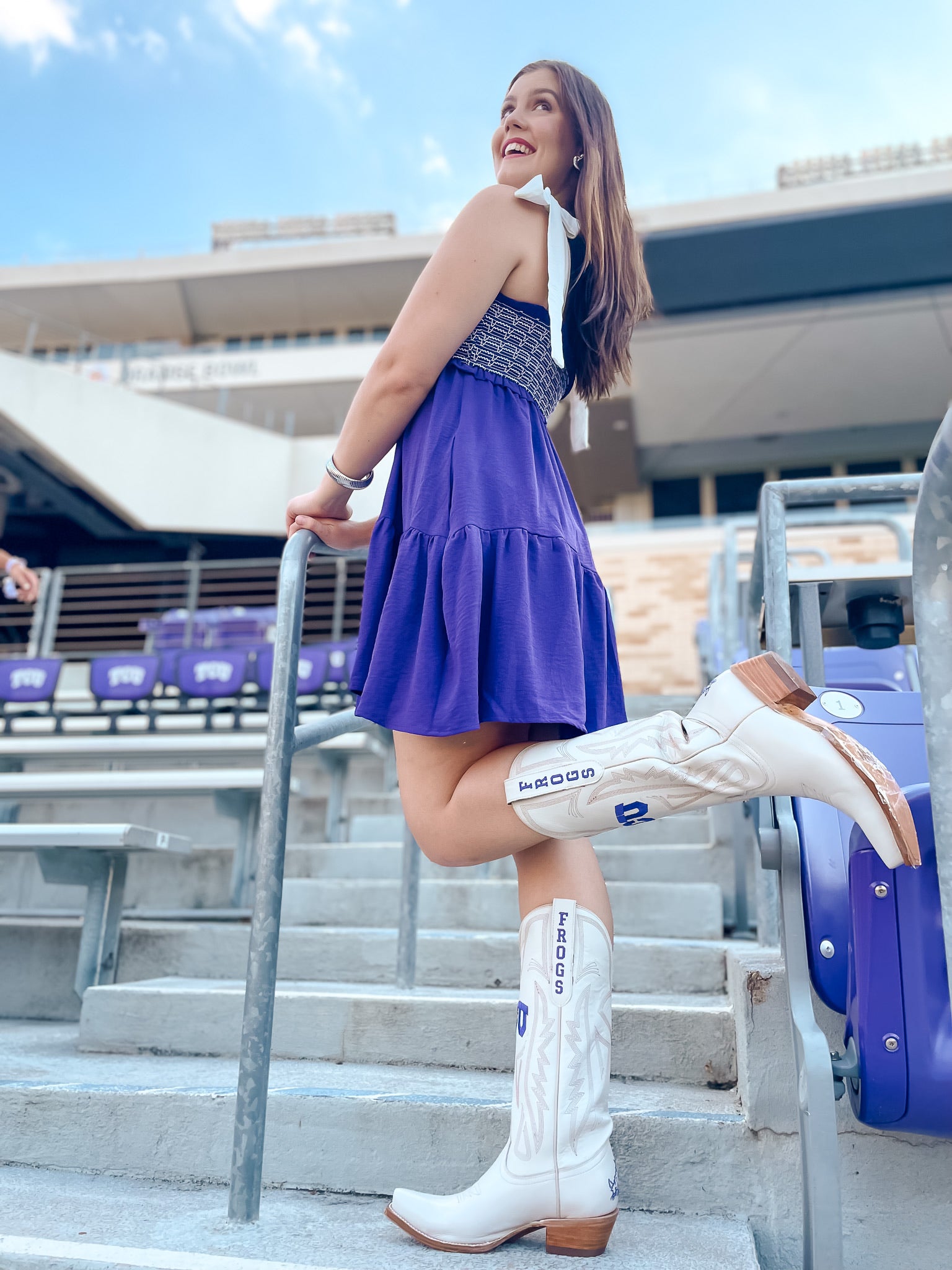 Smocked Shoulder Tie Dress - Purple