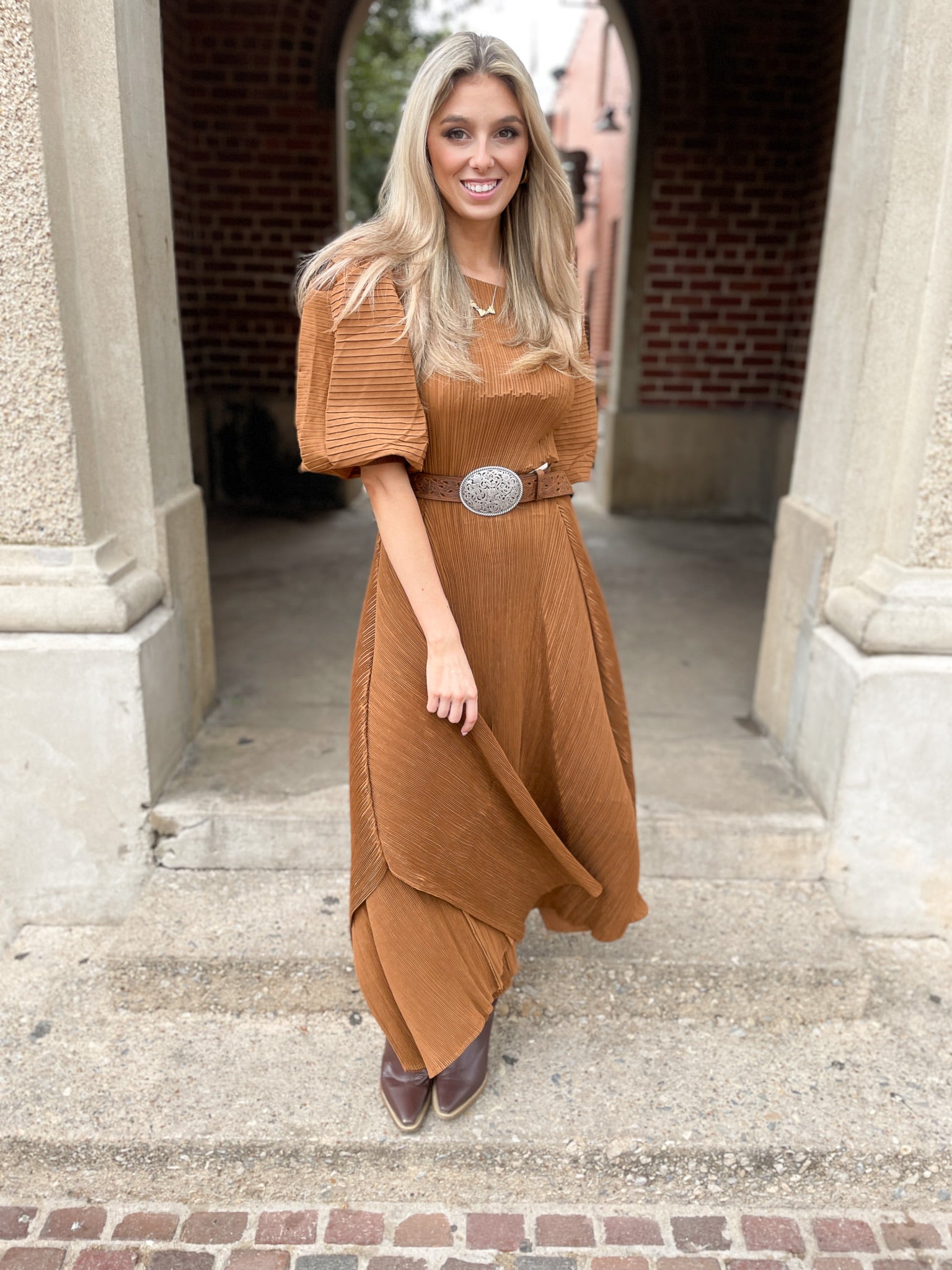 Pleated Bell Sleeve Dress - Brown