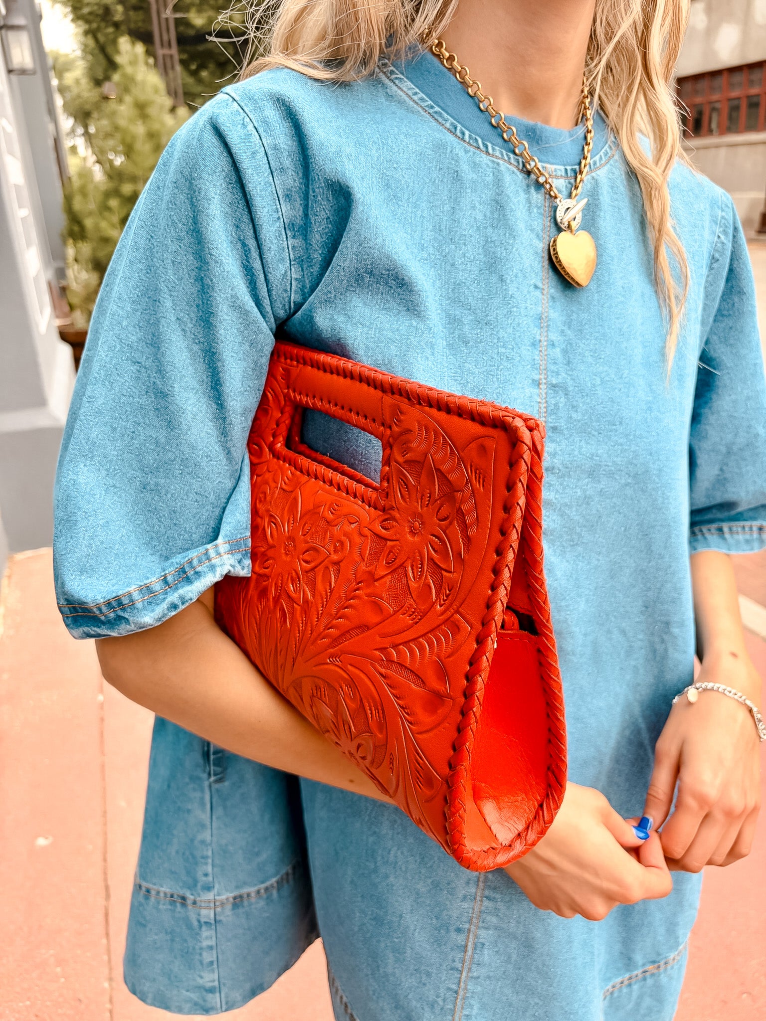 Caroline Tooled Leather Handbag - Red