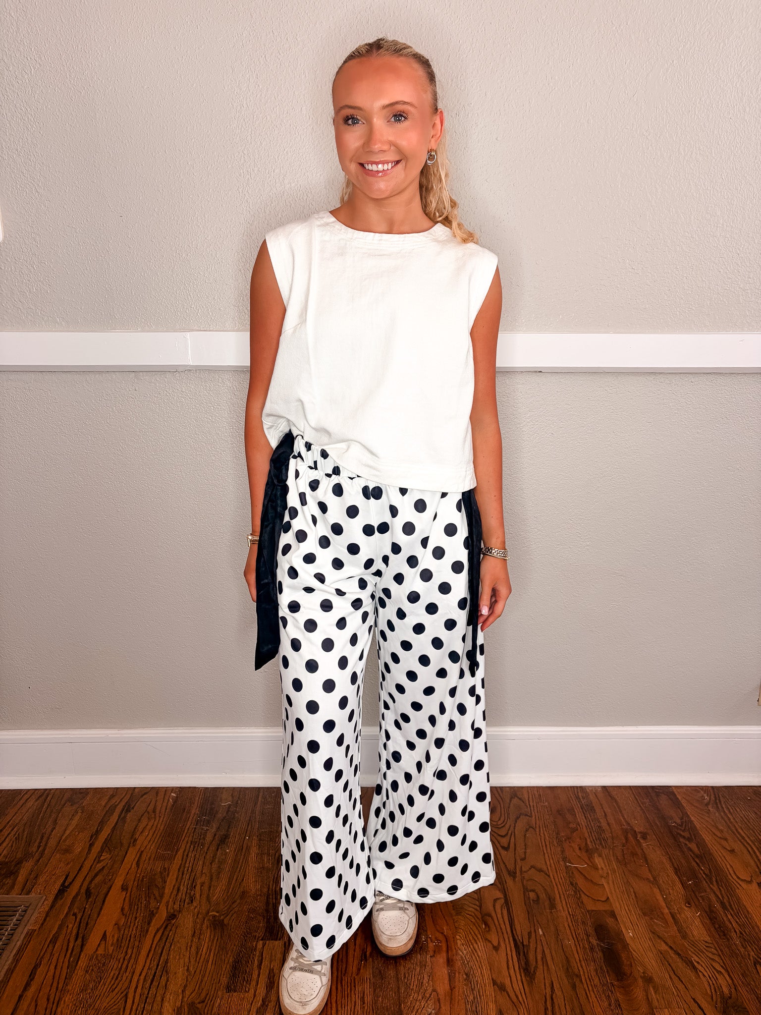 Ribbon Tied Dot Pant - White