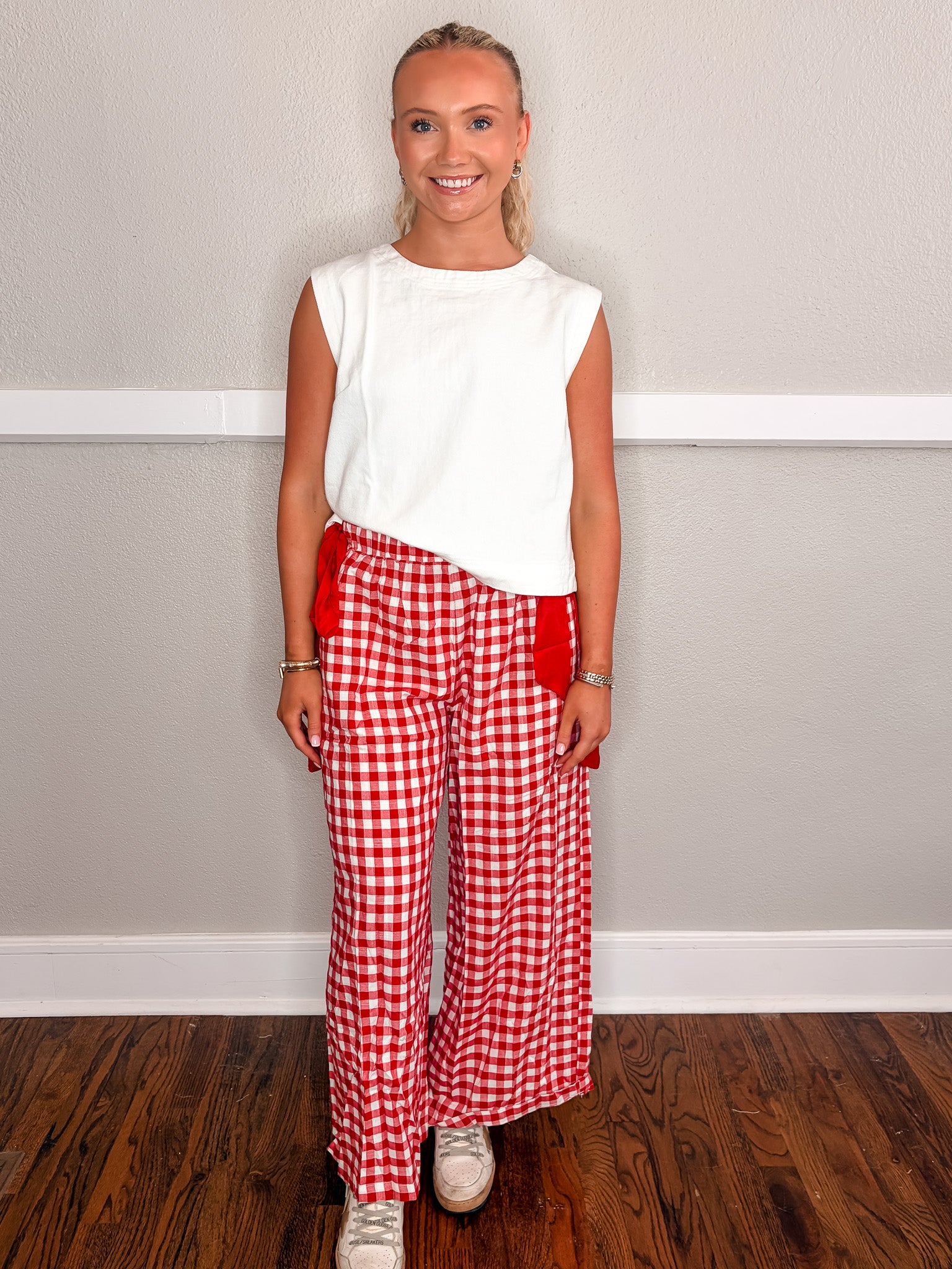 Ribbon Tied Gingham Pant - Red