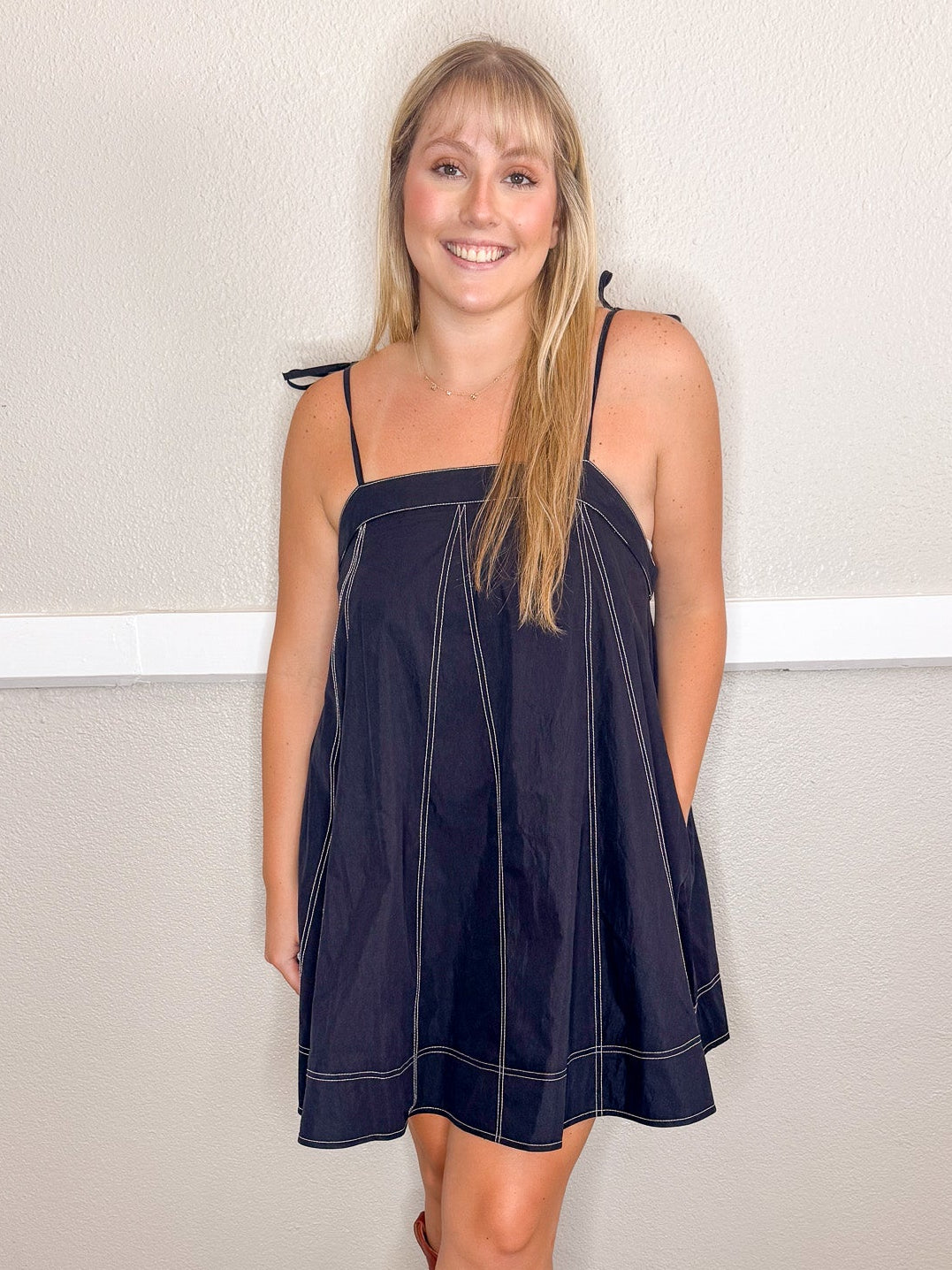 Top Stitch Denim Dress - Black