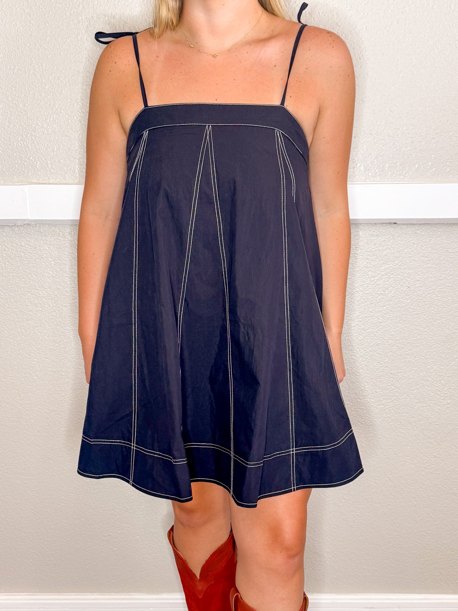 Top Stitch Denim Dress - Black
