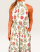 Tucker Brown Zinnia floral maxi dress with a high halter neckline, sleeveless cut, and a matching waist tie belt.