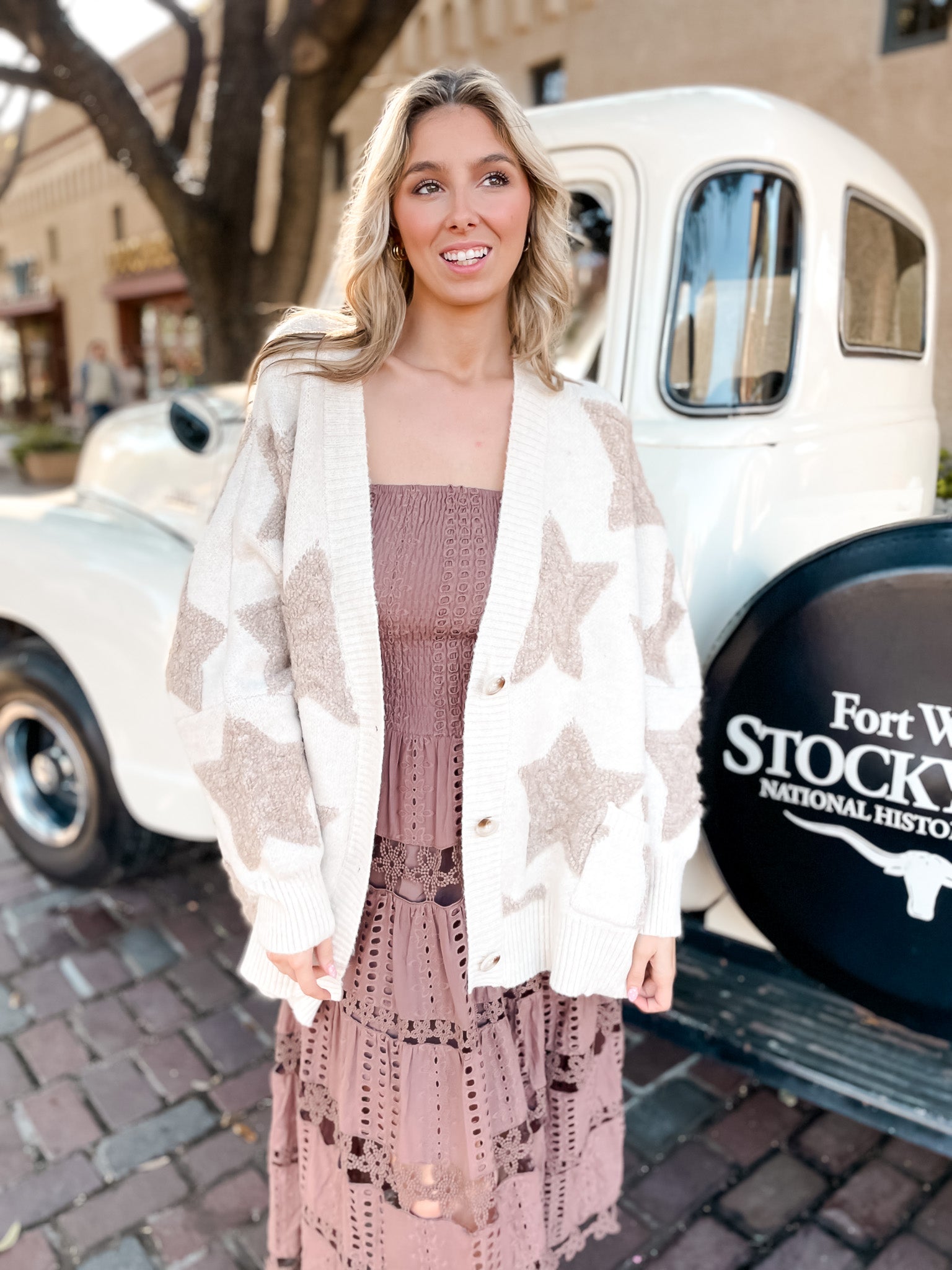 Star Print Boxy Cardigan - Cream