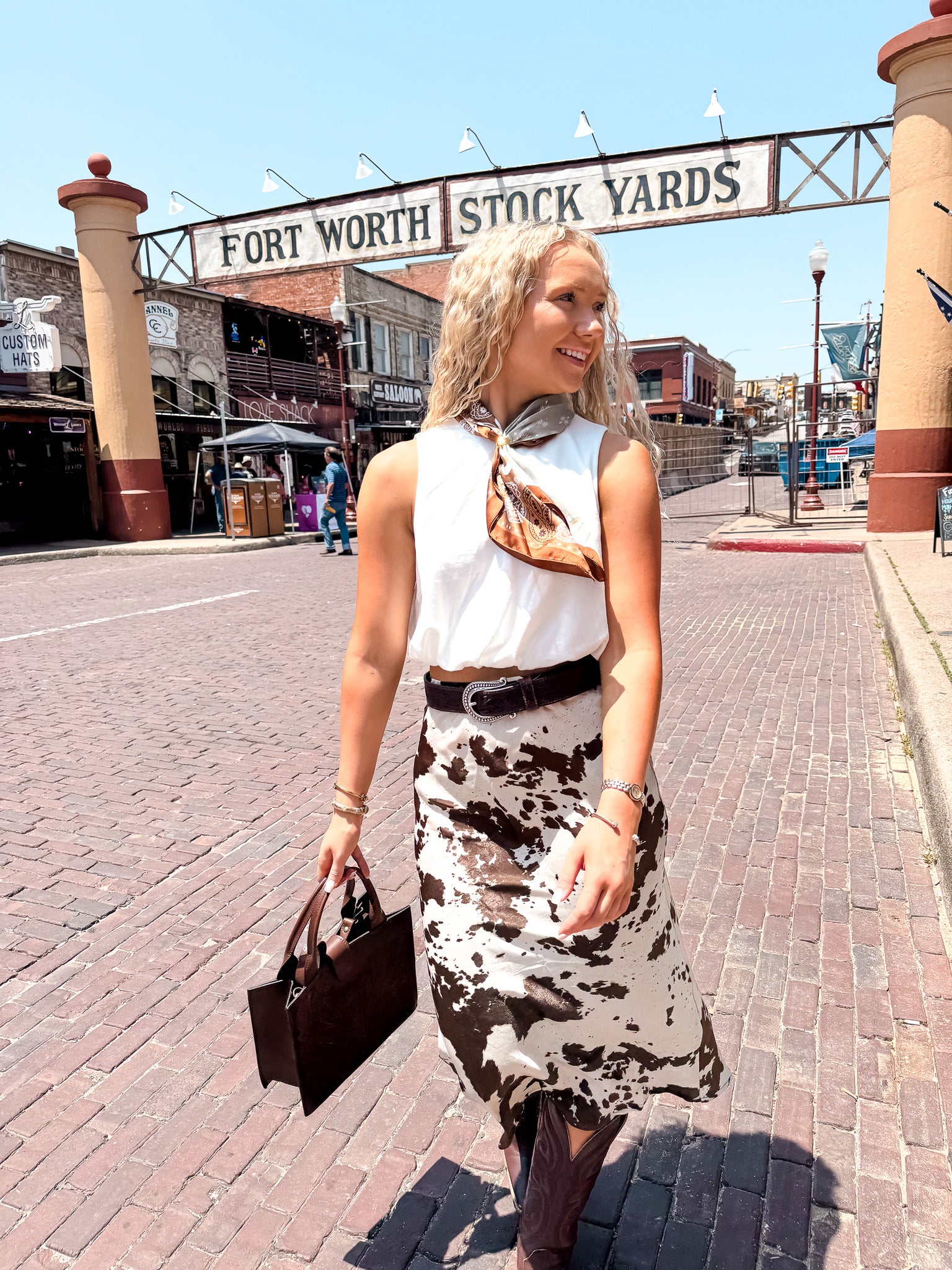 Satin Cowhide Print Skirt - Brown