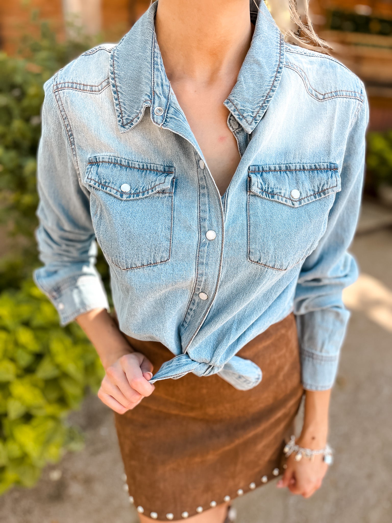 Tie Front Denim Shirt - Light Denim