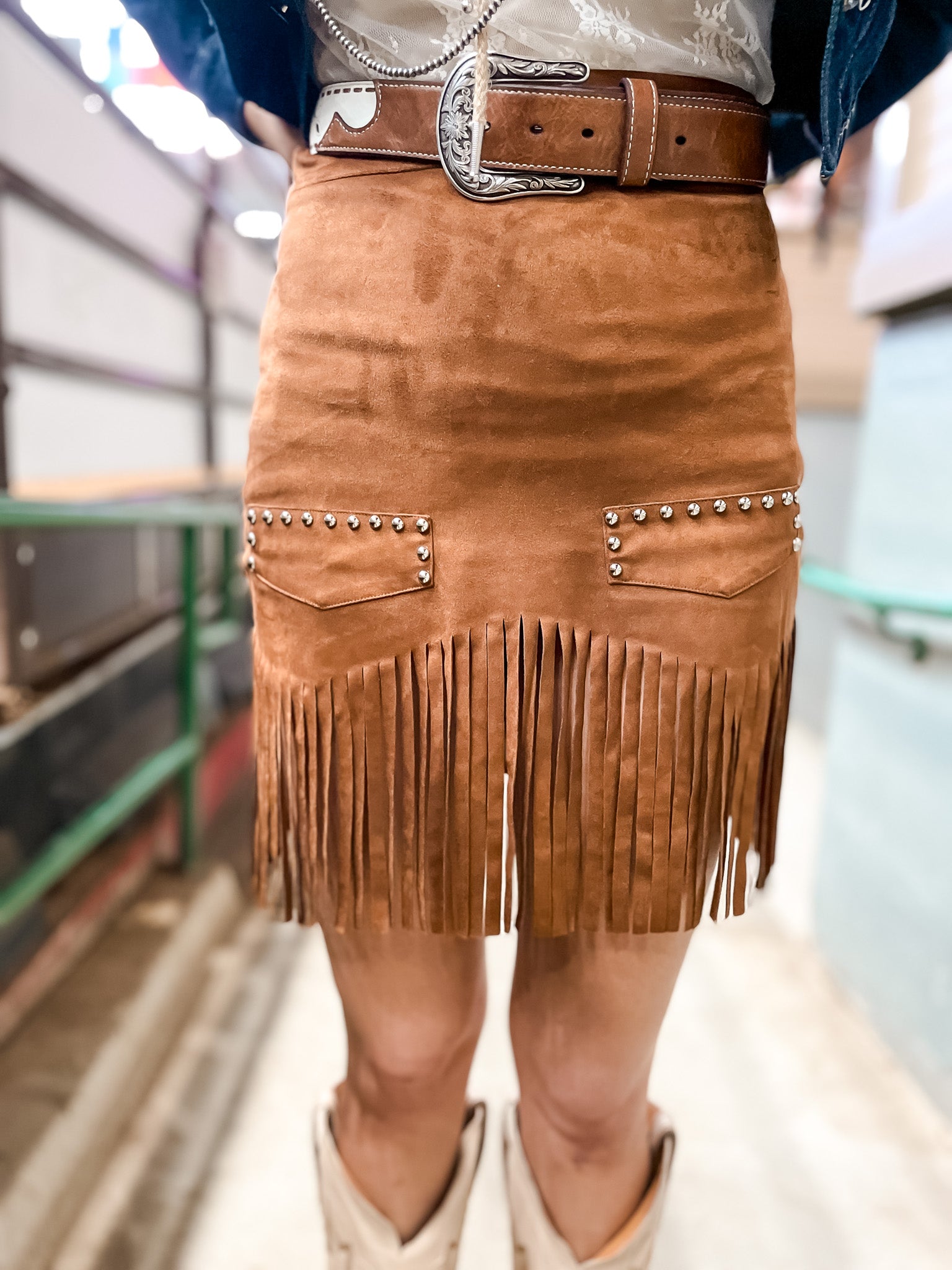 Studs + Fringe Skirt - Camel