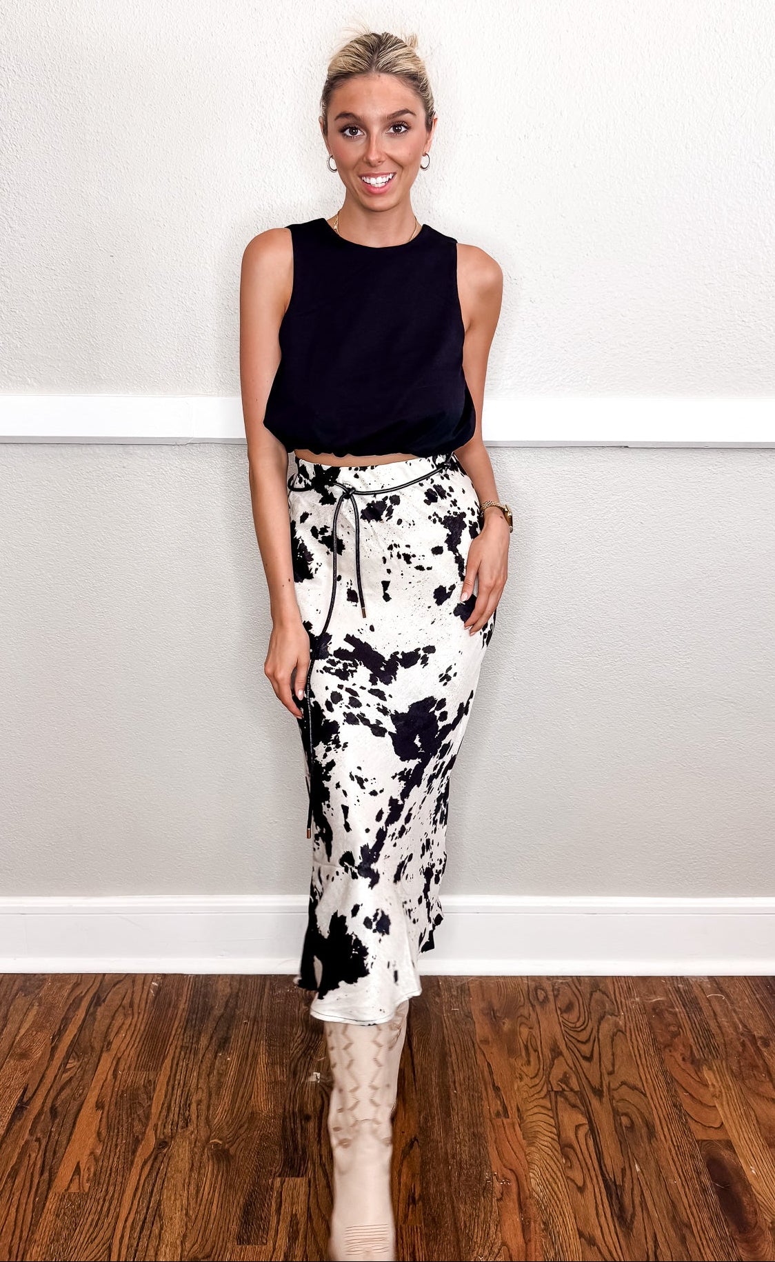 Satin Cowhide Print Skirt - Black