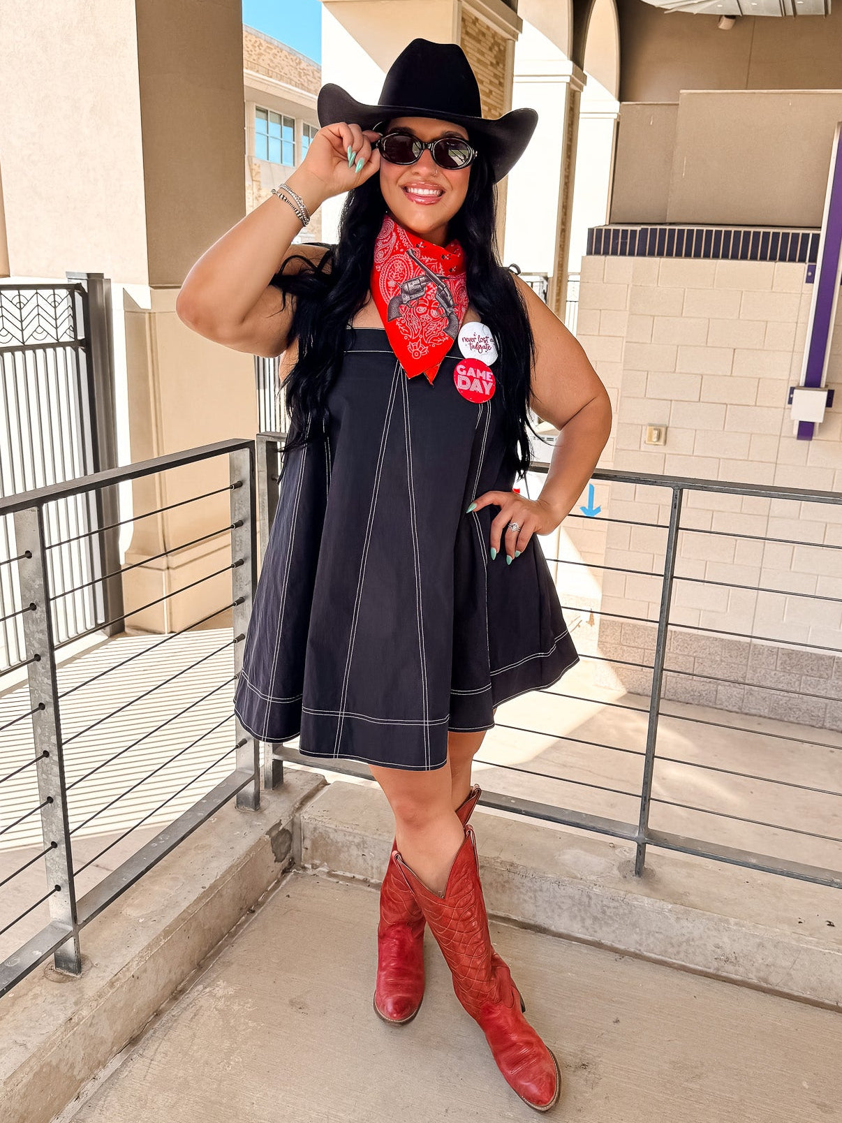 Top Stitch Denim Dress - Black