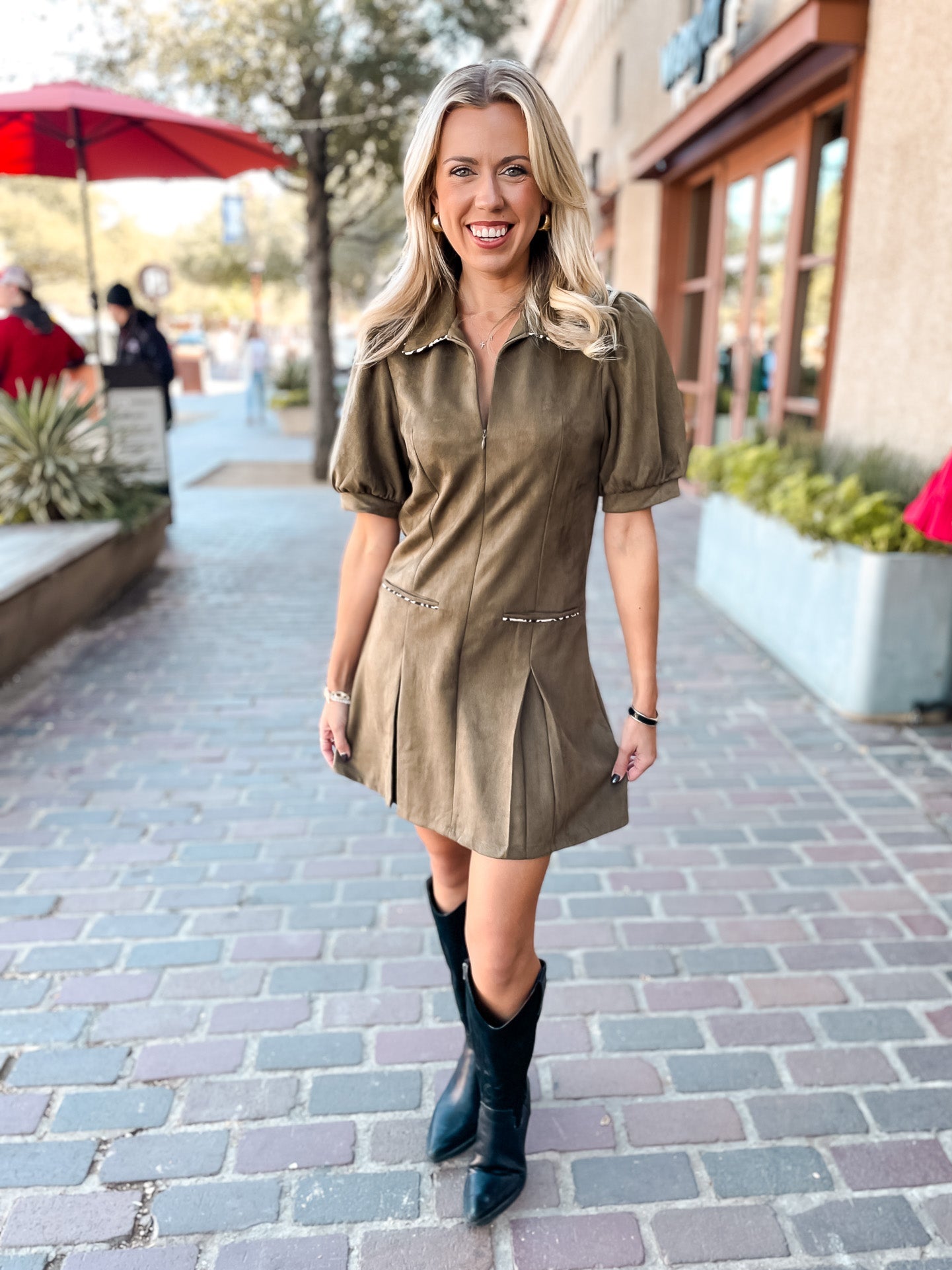 Spotted Piping Suede Dress - Olive