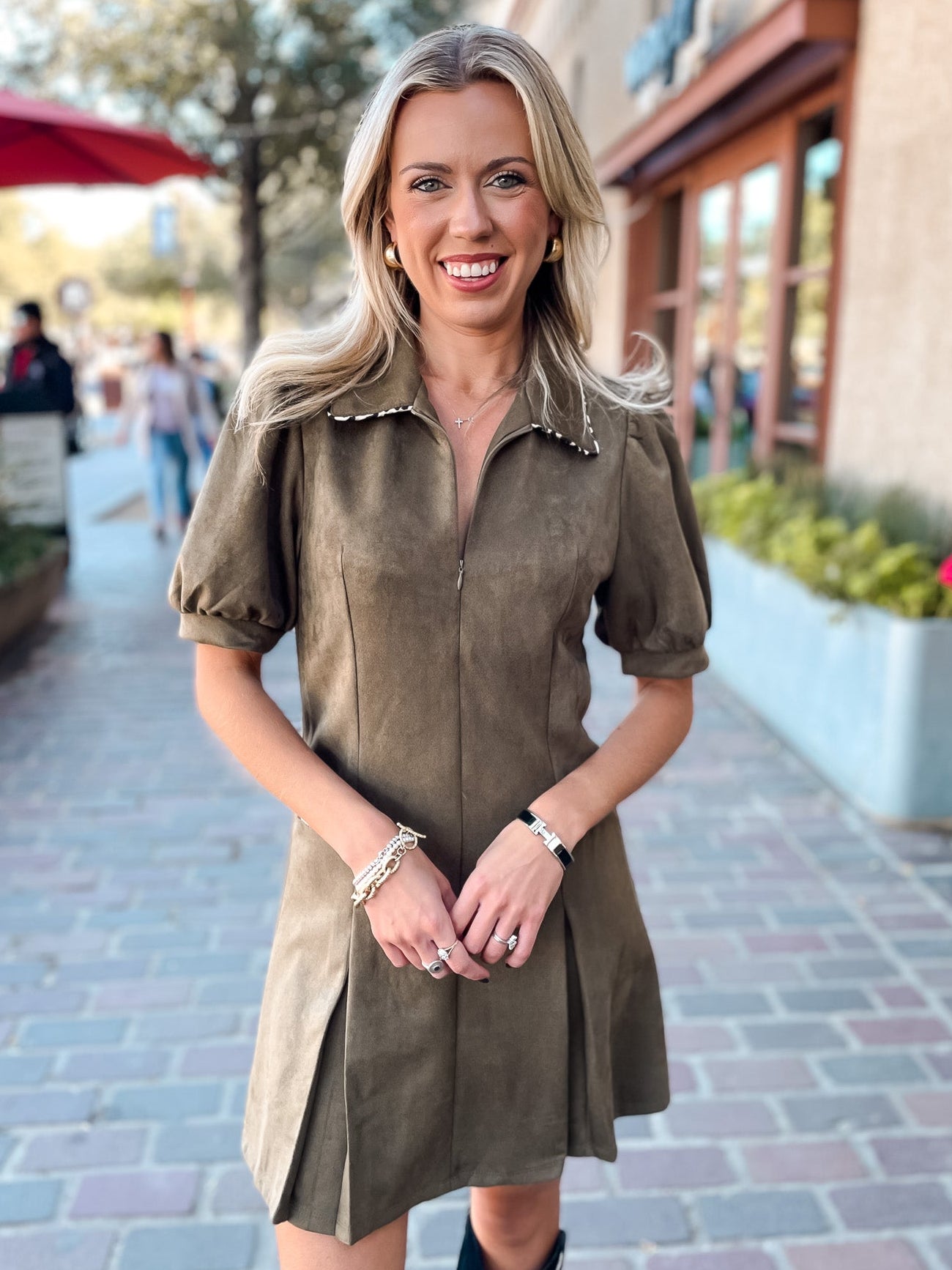 Spotted Piping Suede Dress - Olive