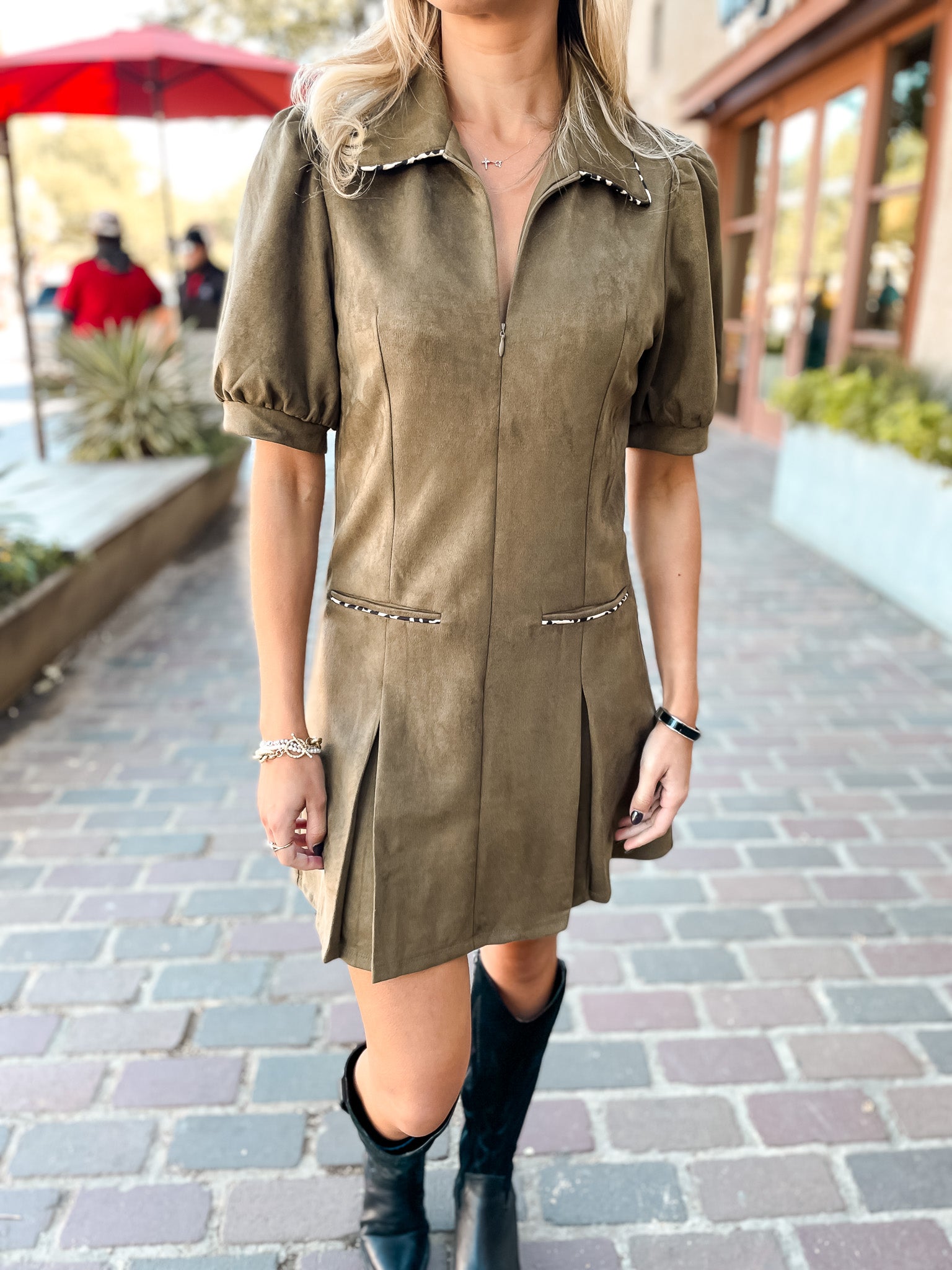 Spotted Piping Suede Dress - Olive