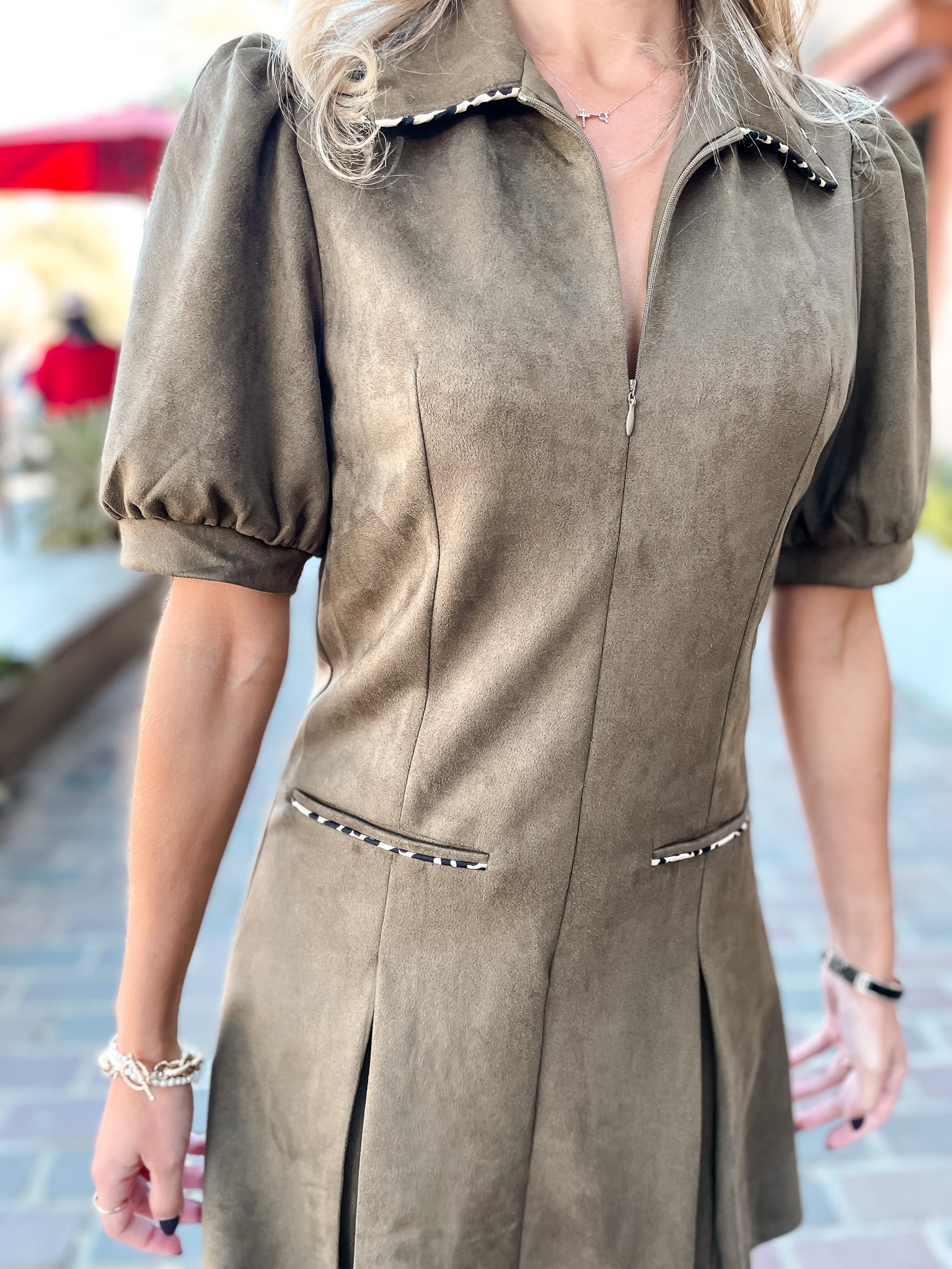 Spotted Piping Suede Dress - Olive