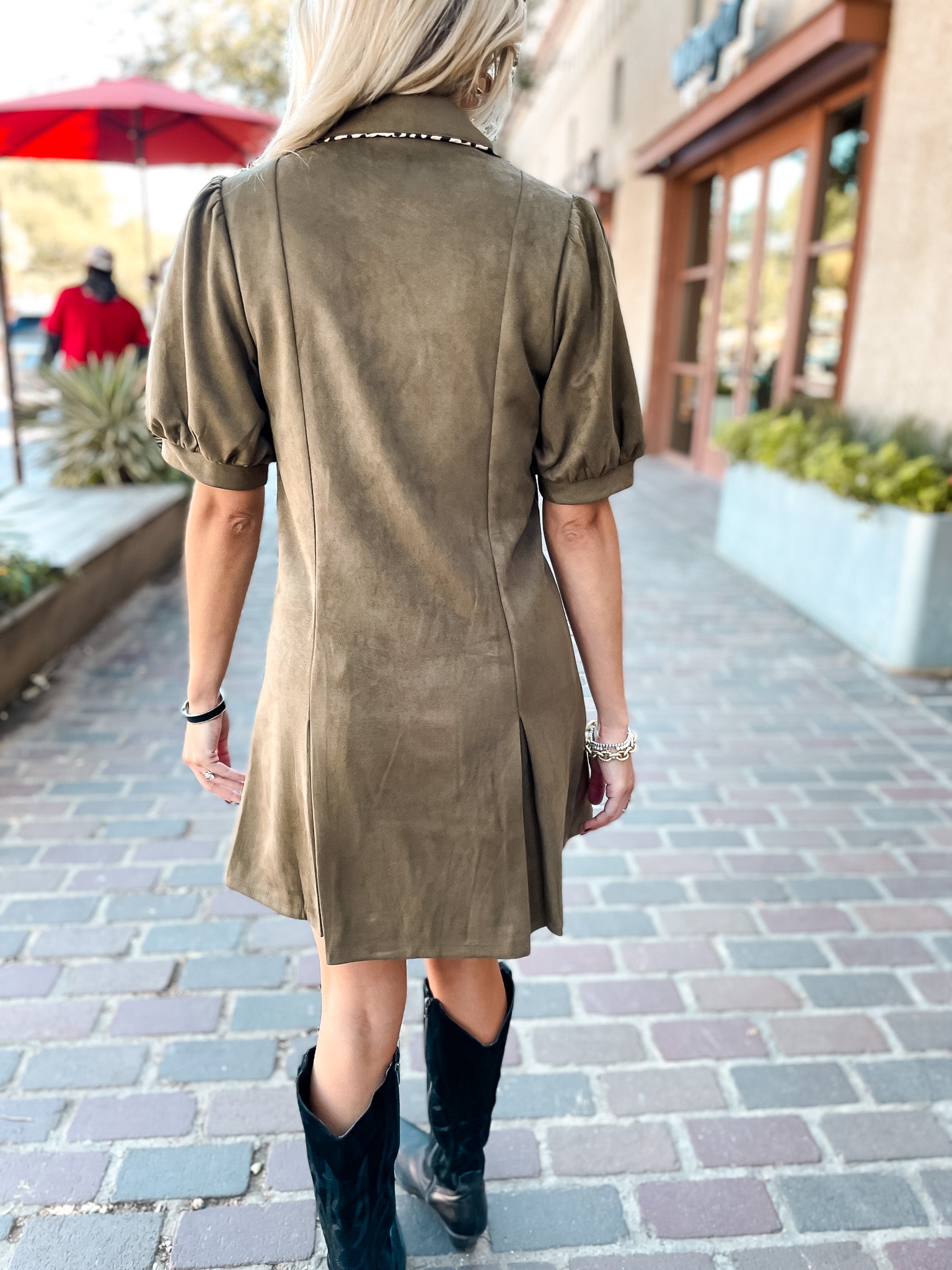 Spotted Piping Suede Dress - Olive