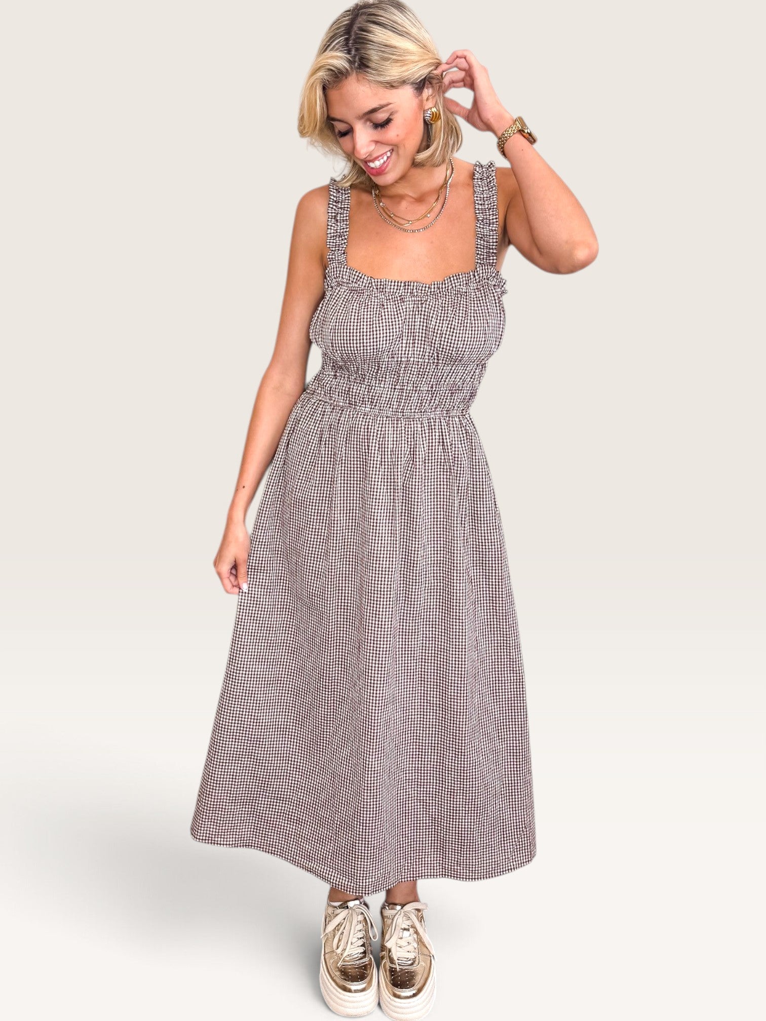 Tessa Gingham Dress - Brown