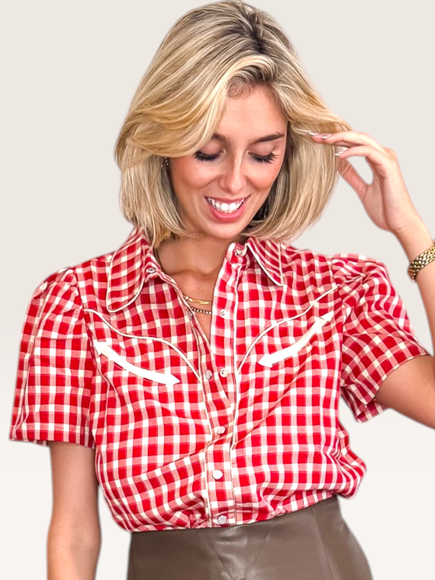 Smile Pocket Gingham Top - Red