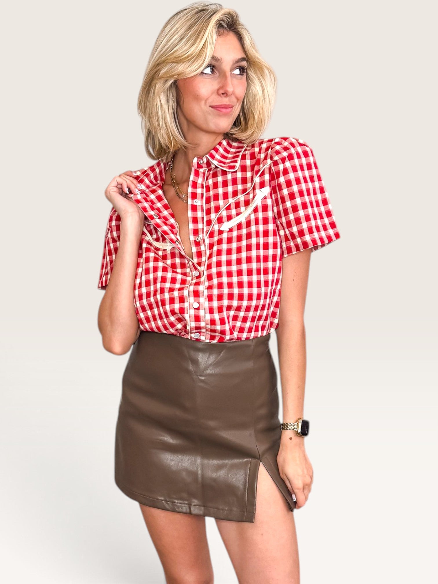 Smile Pocket Gingham Top - Red