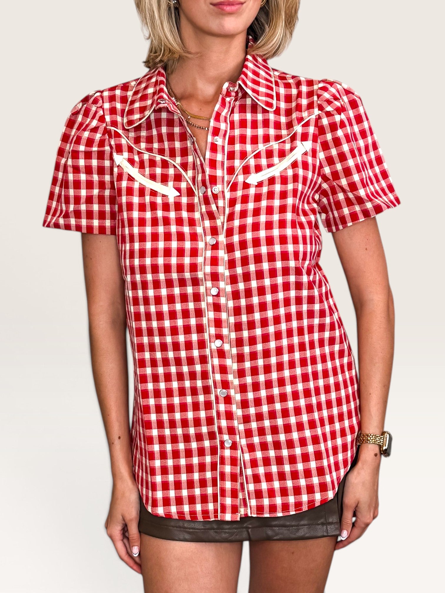 Smile Pocket Gingham Top - Red