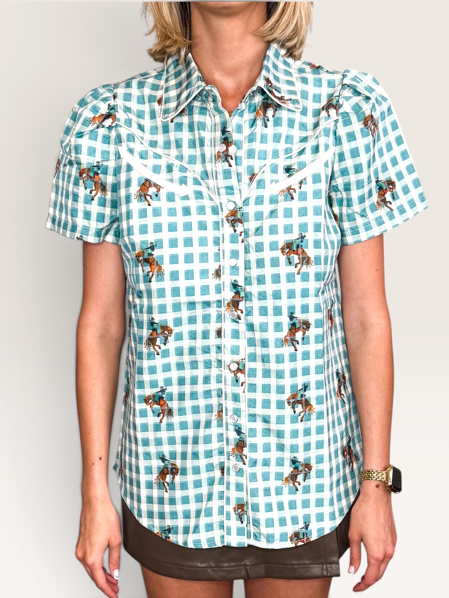 Smile Pocket Gingham Top - Teal