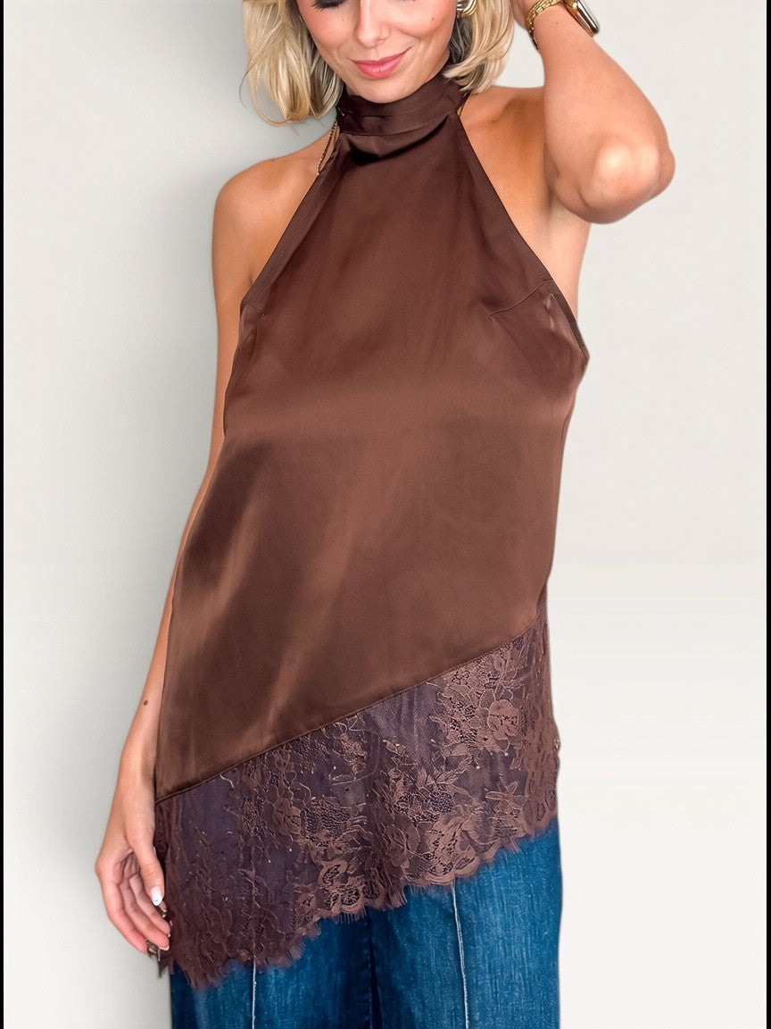 Danielle Lace Trim Top - Chocolate