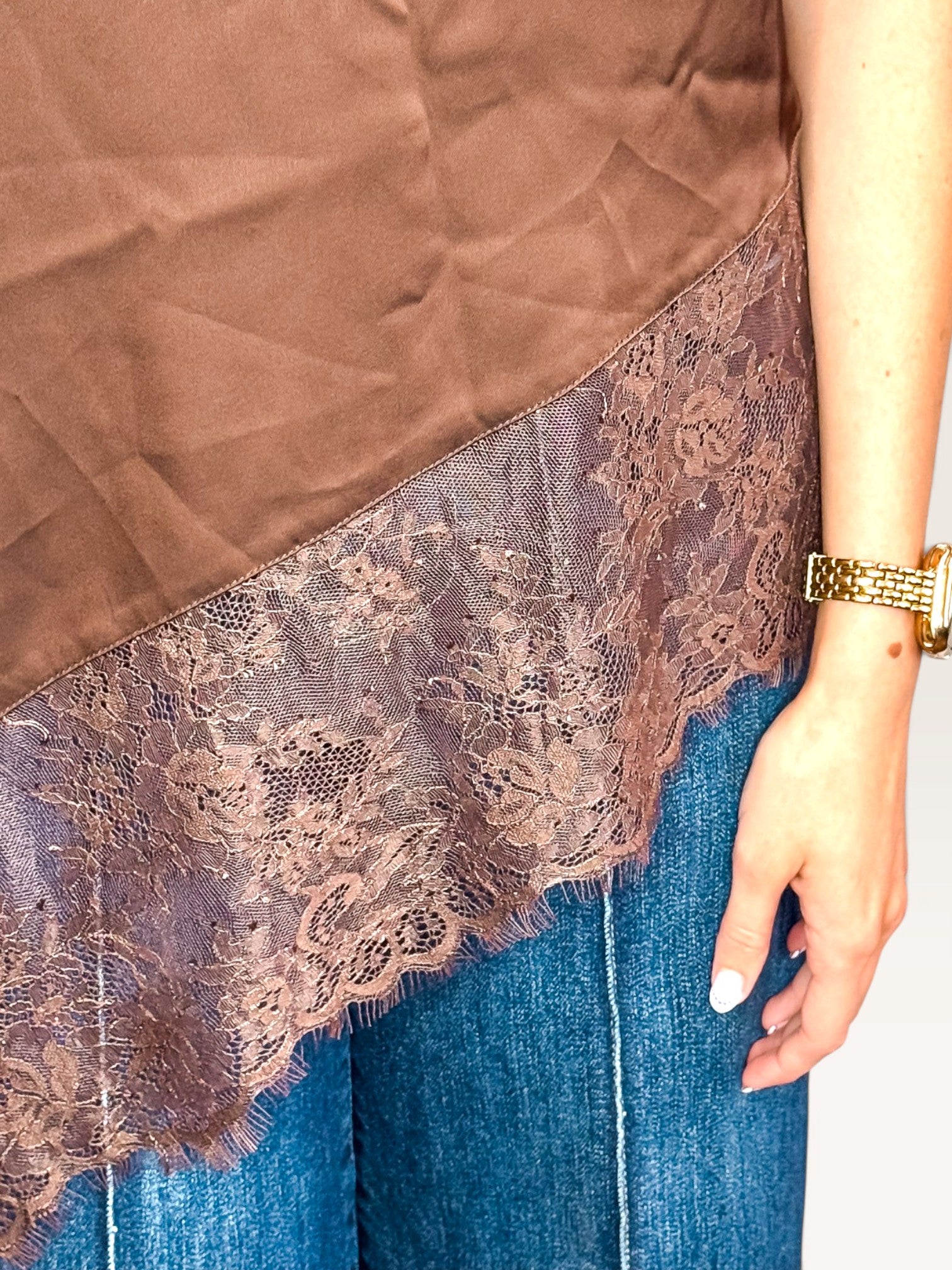 Danielle Lace Trim Top - Chocolate
