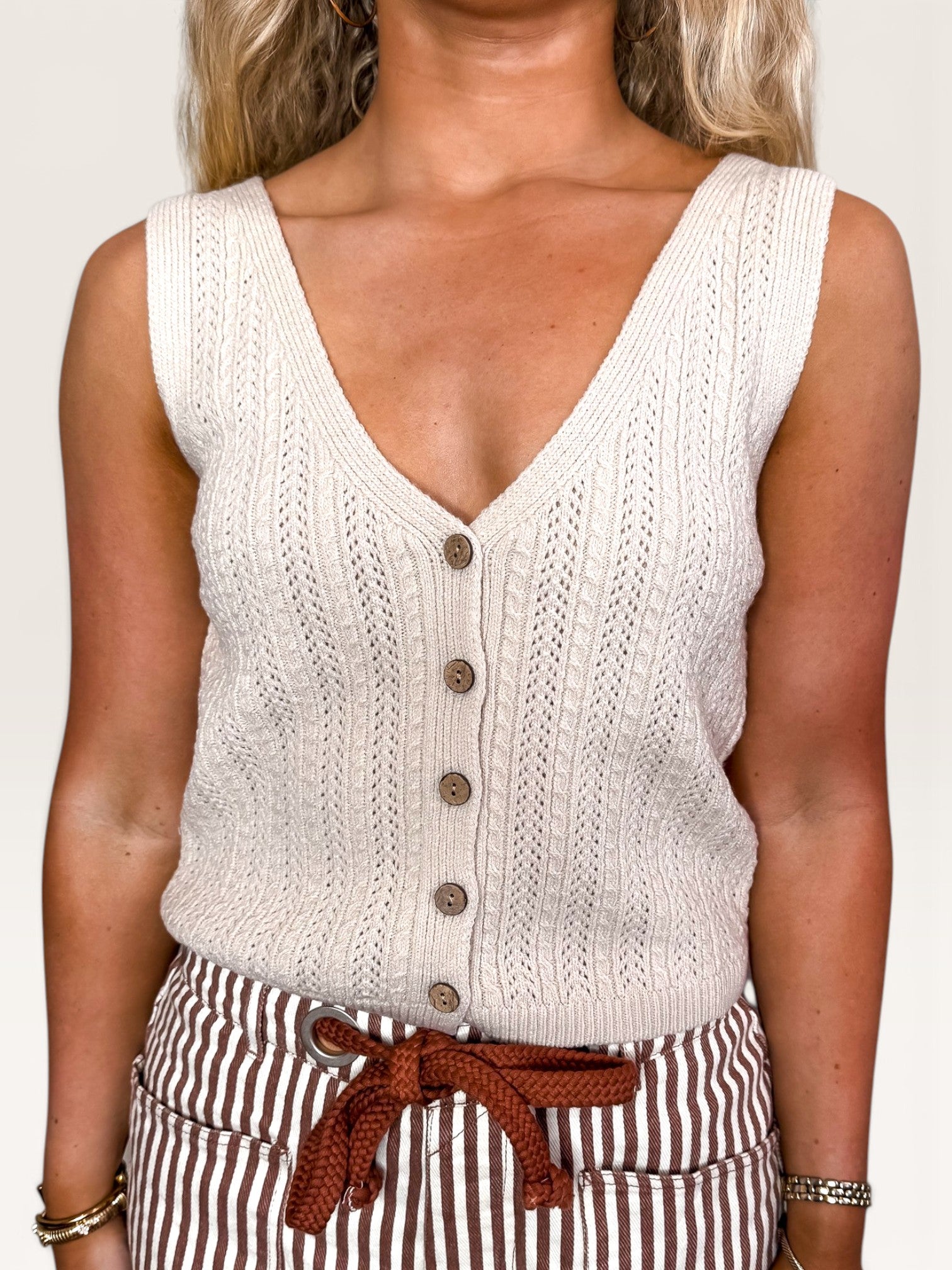 Pointelle Knit Sweater Vest - Sand