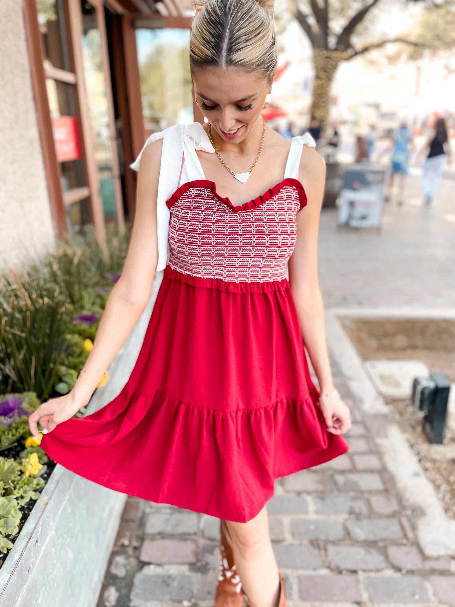 Smocked Shoulder Tie Dress - Garnet