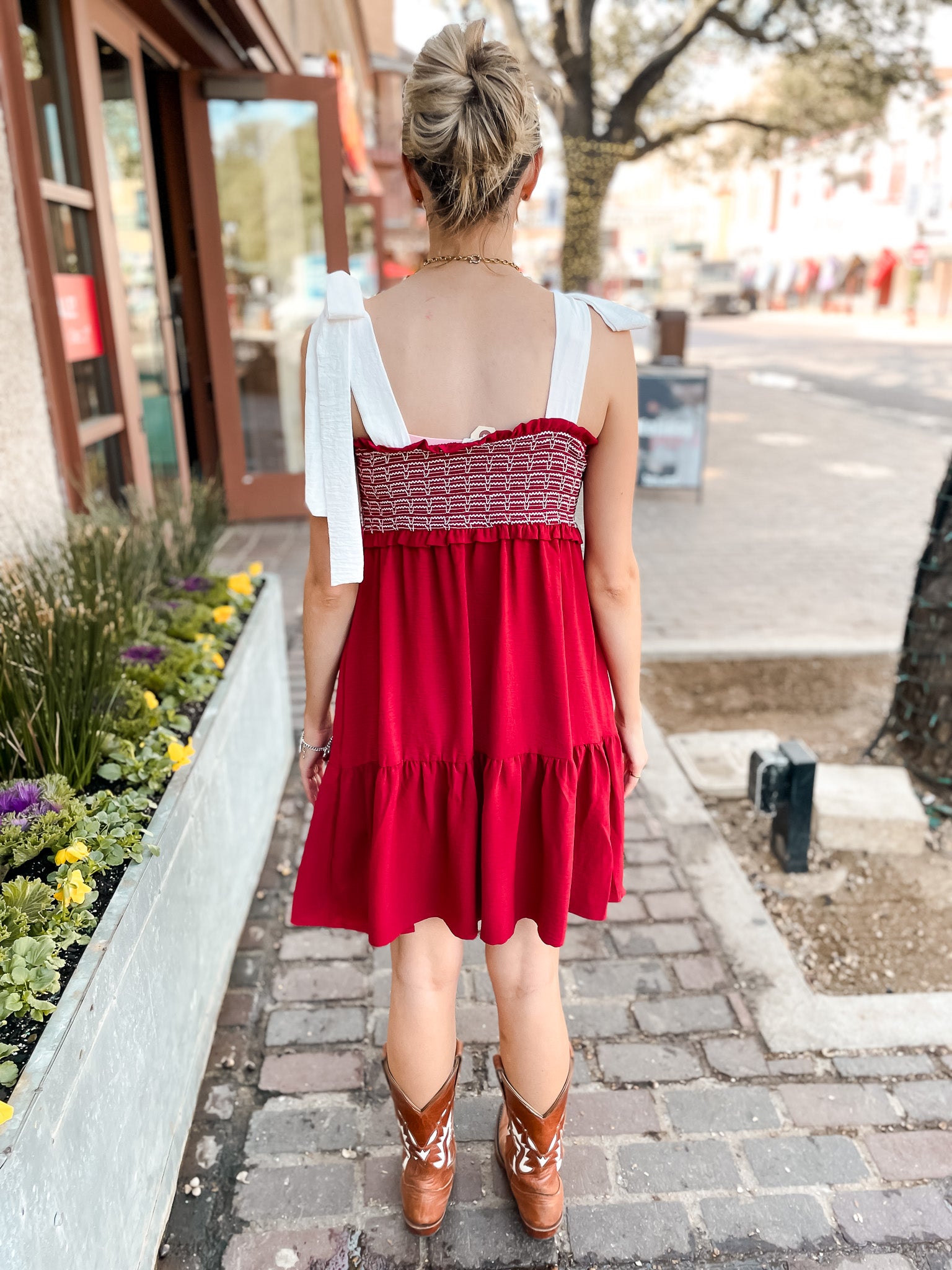 Smocked Shoulder Tie Dress - Garnet