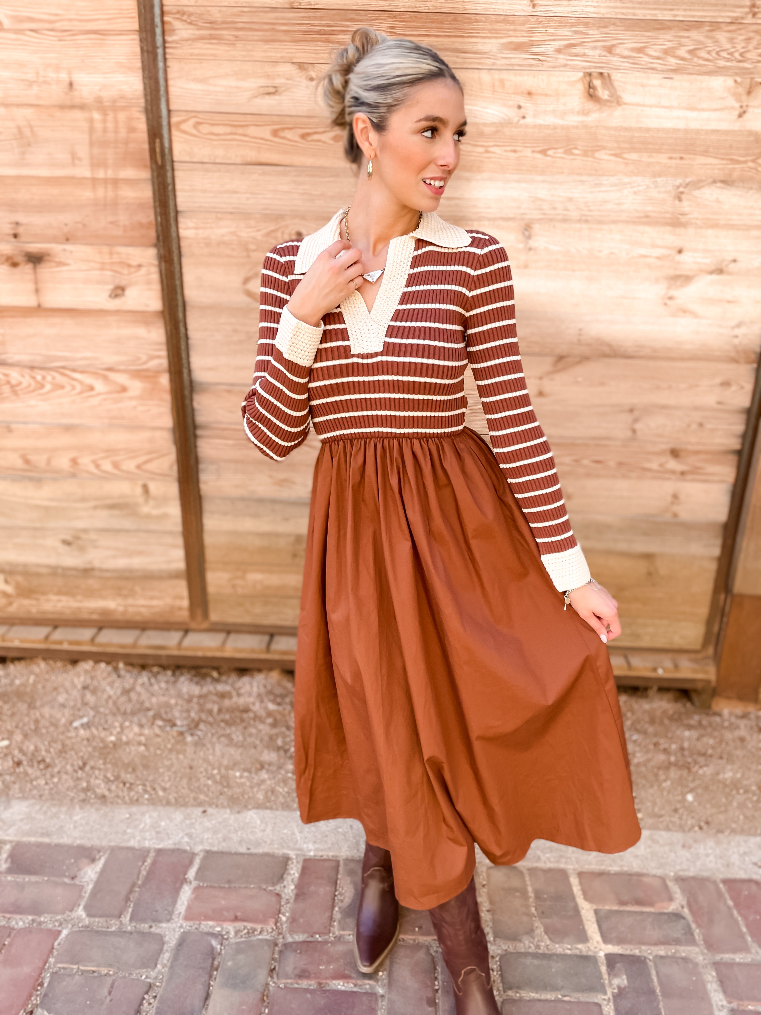 Striped Fall Dress - Brown