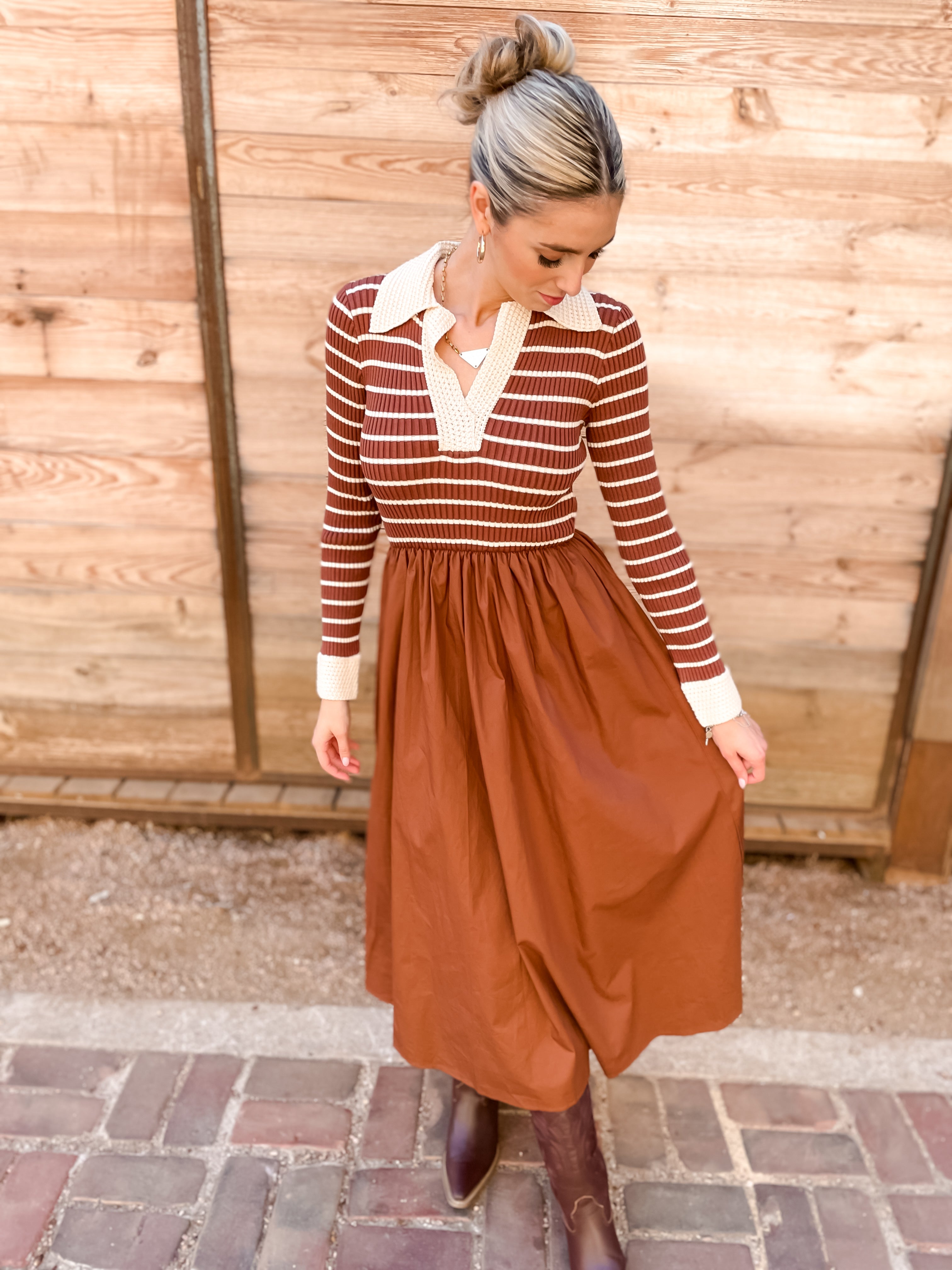 Striped Fall Dress - Brown