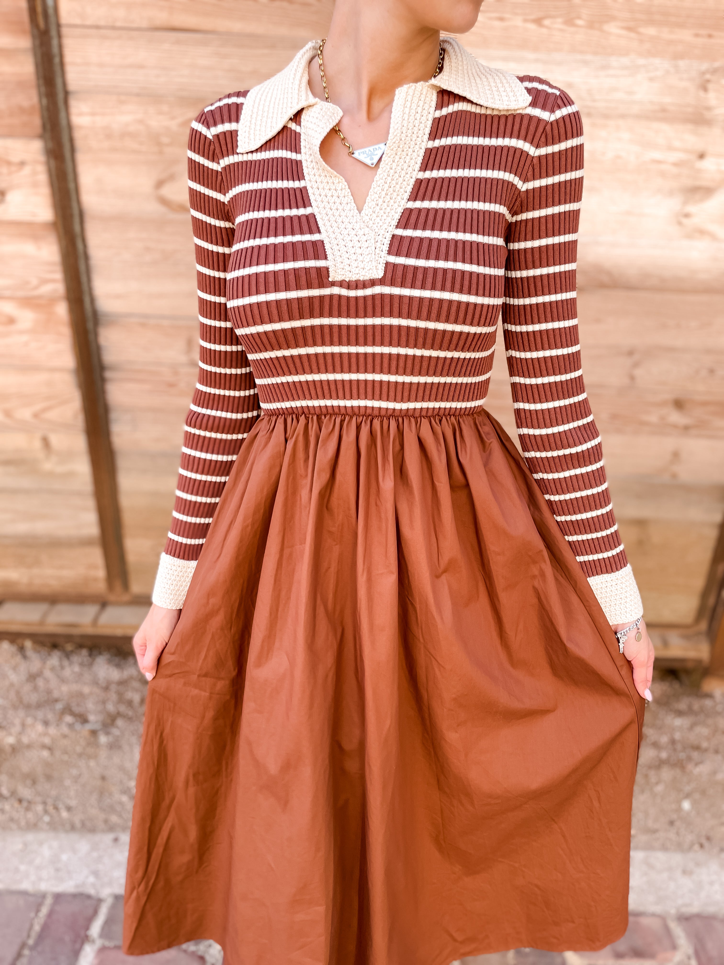 Striped Fall Dress - Brown