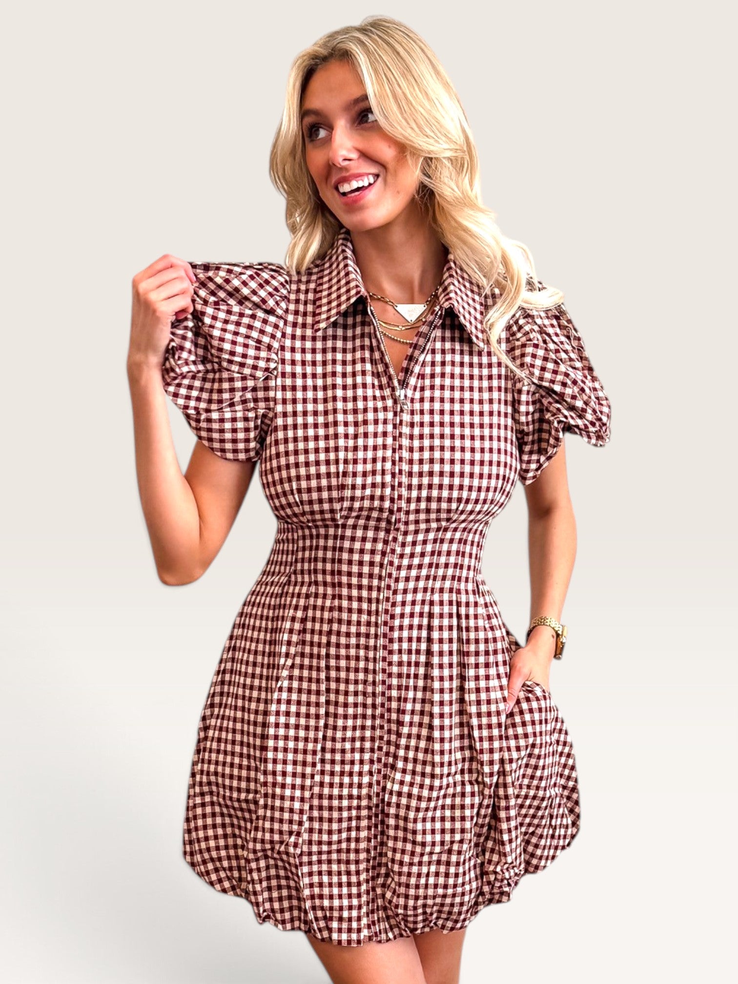 Ressie Gingham Mini Dress - Wine