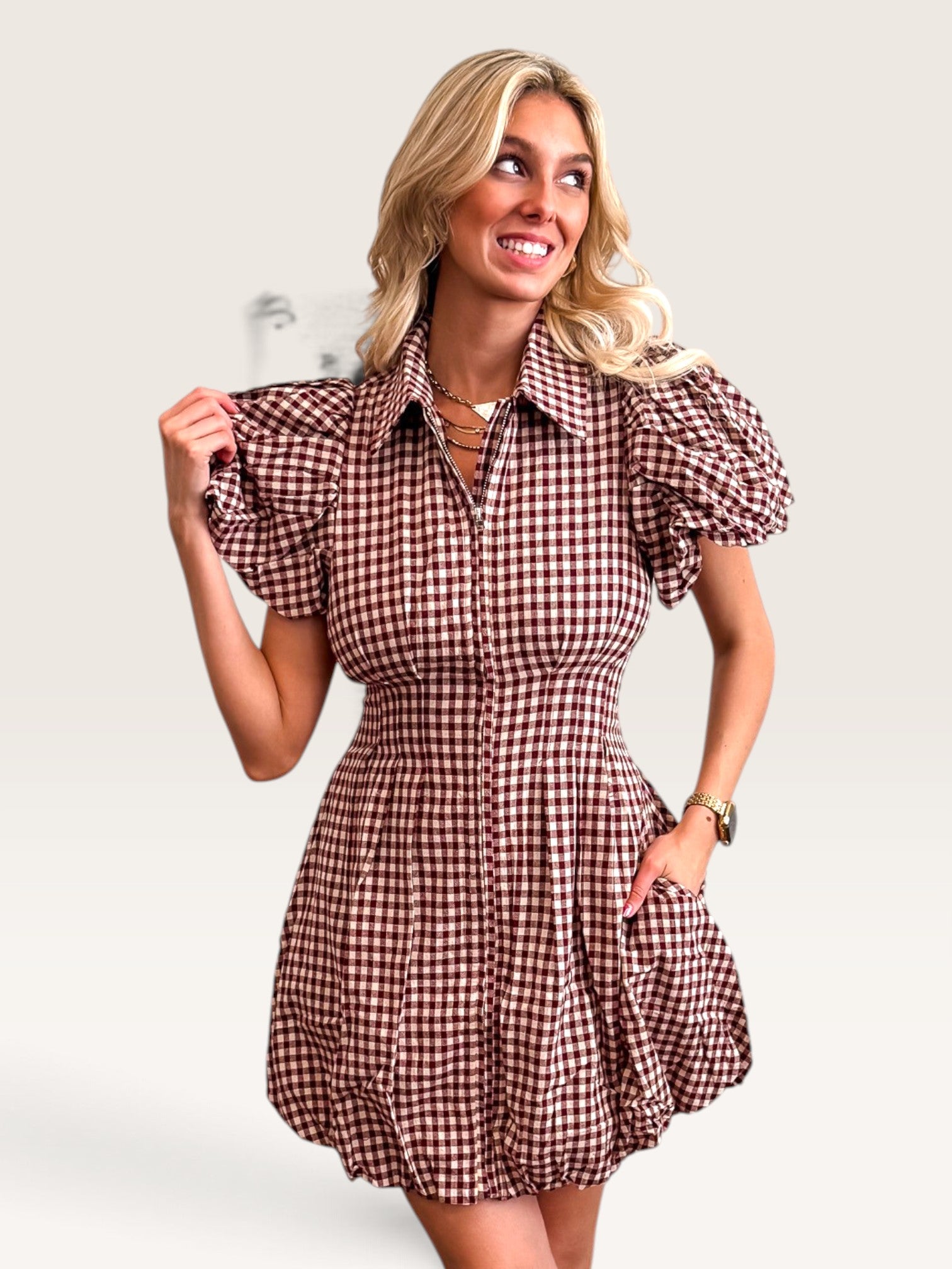 Ressie Gingham Mini Dress - Wine