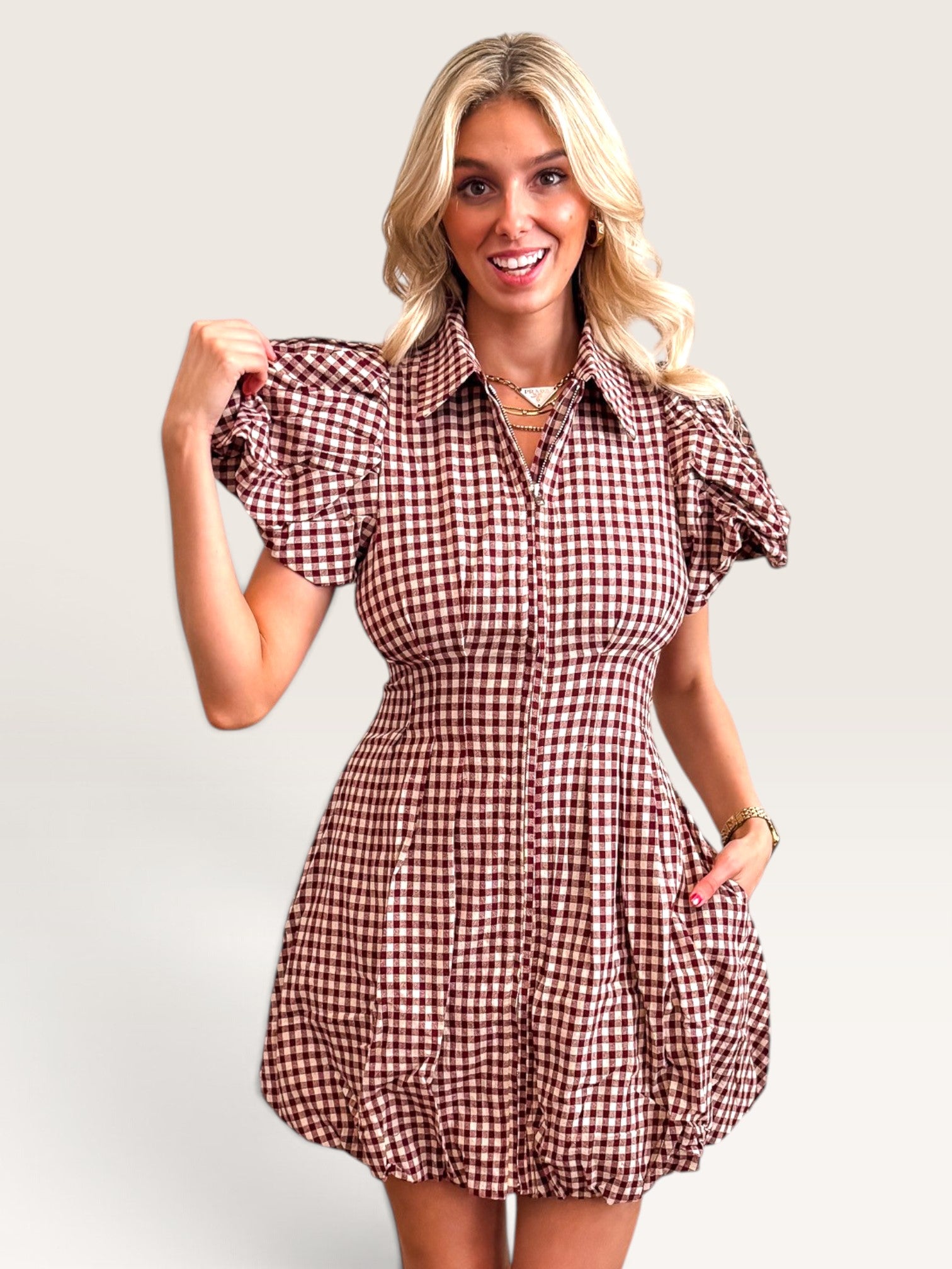 Ressie Gingham Mini Dress - Wine