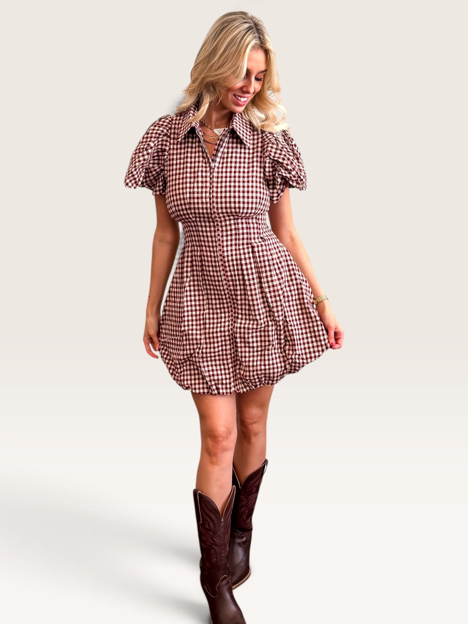 Ressie Gingham Mini Dress - Wine
