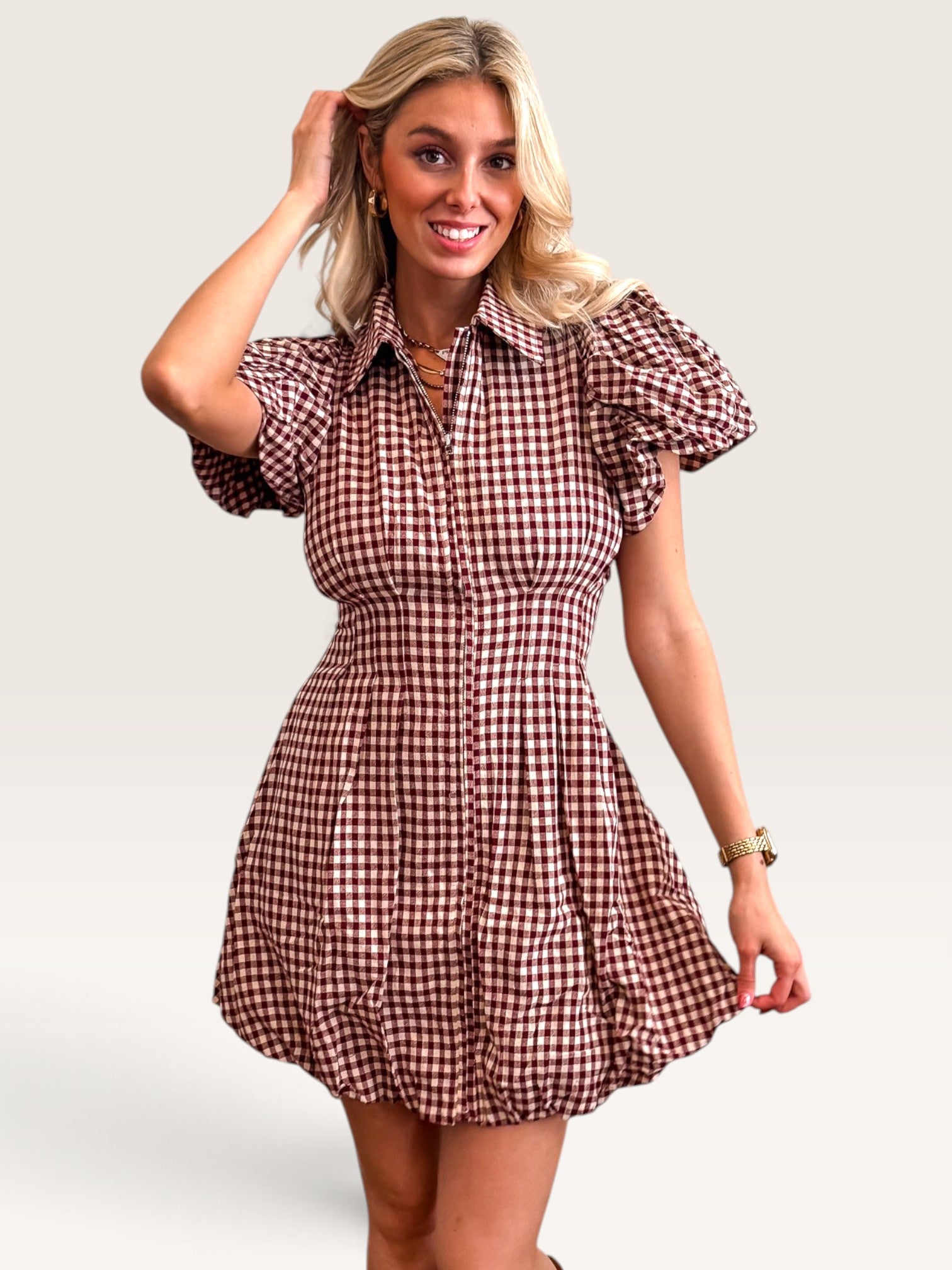 Ressie Gingham Mini Dress - Wine