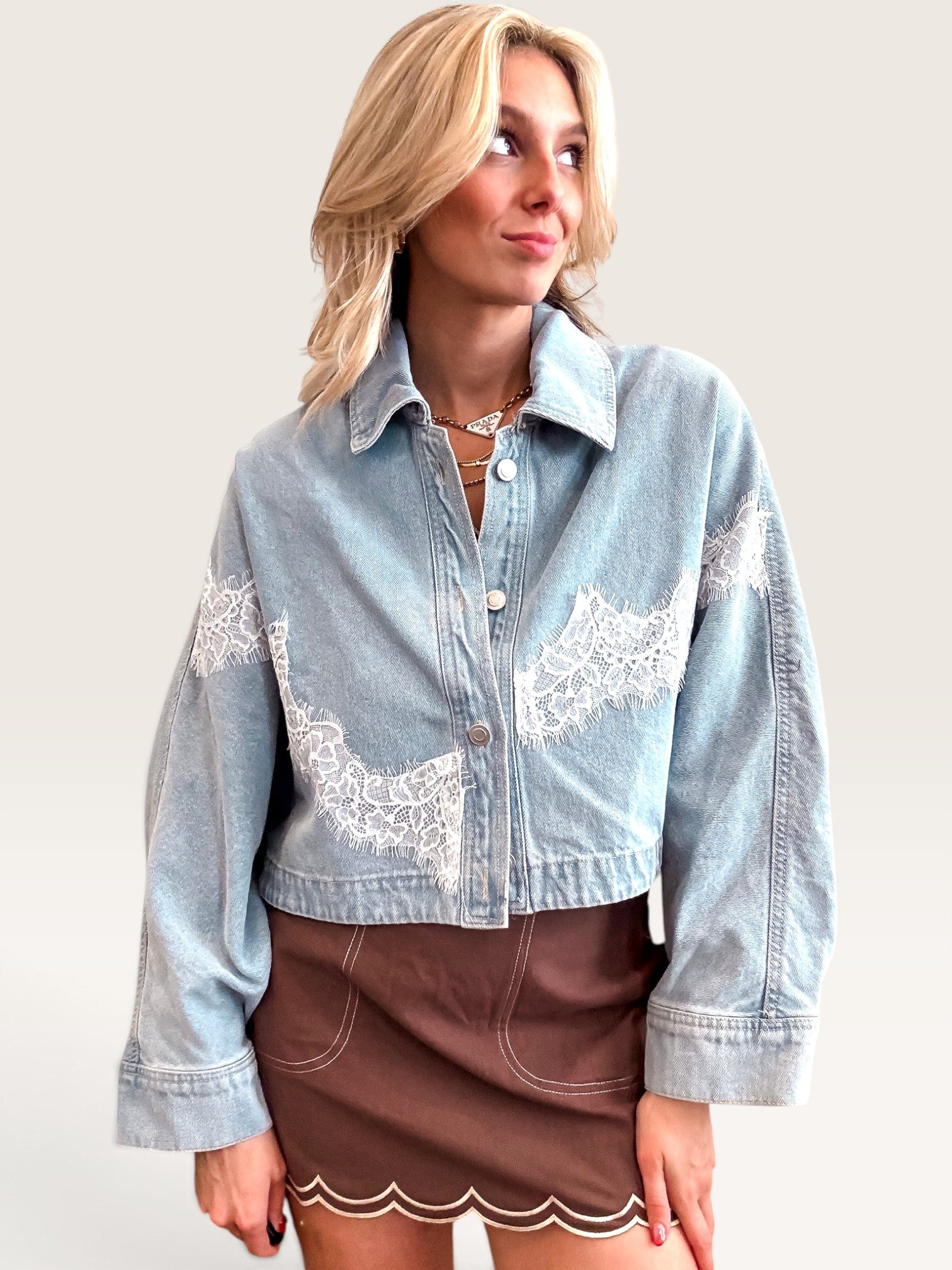 Lace Trim Detail Cropped Denim Jacket