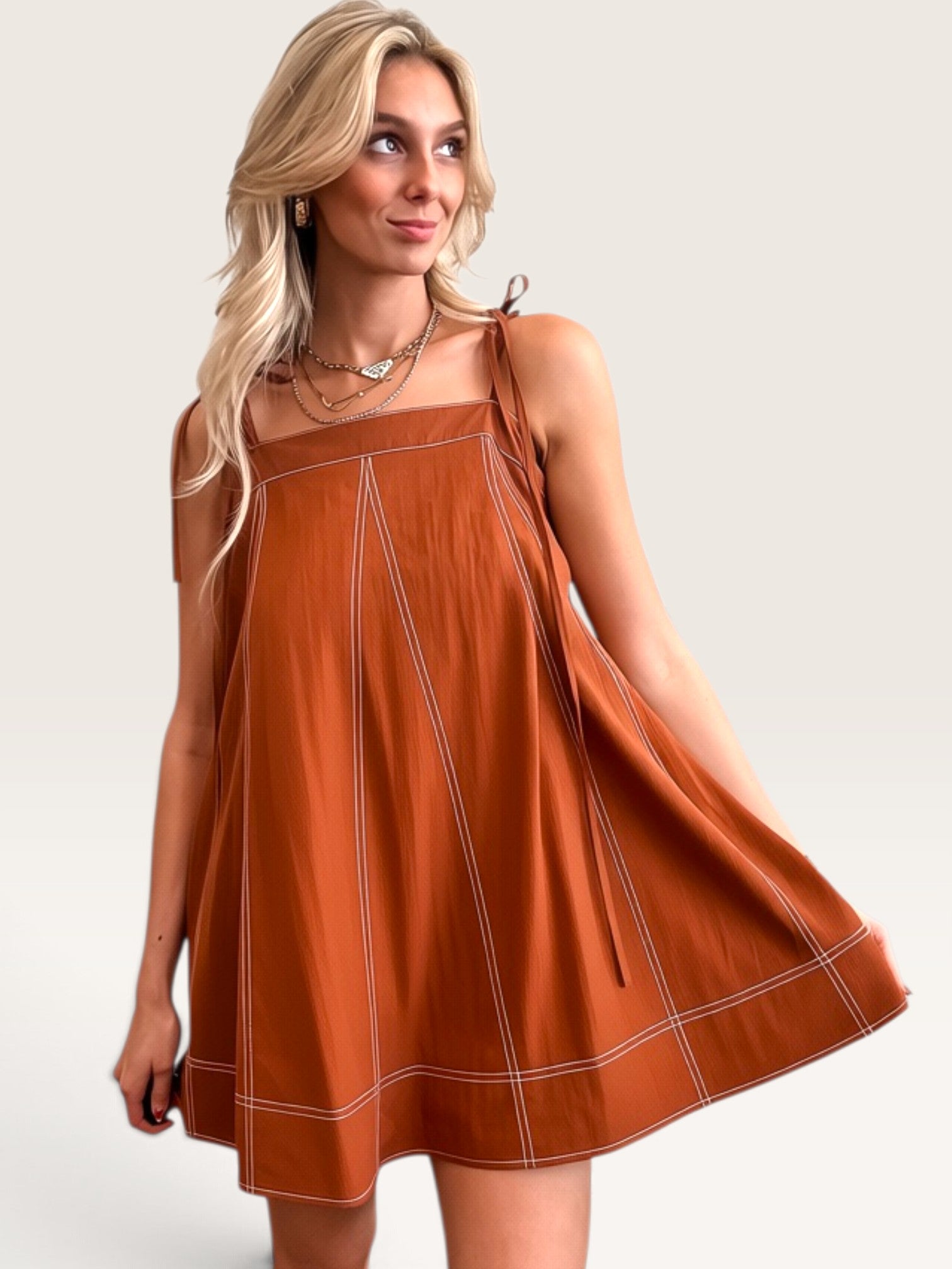 Top Stitch Denim Dress - Terracotta
