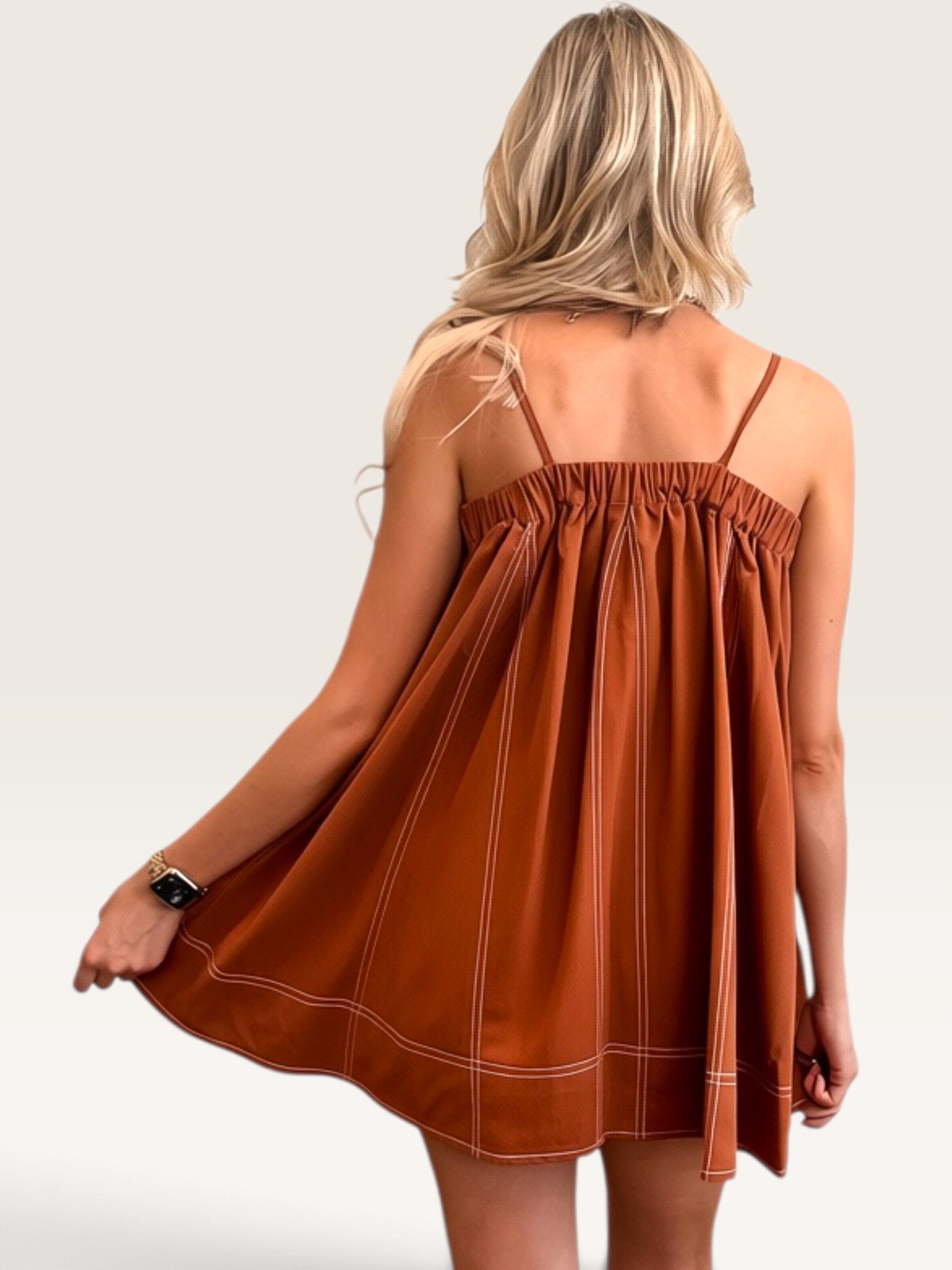 Top Stitch Denim Dress - Terracotta