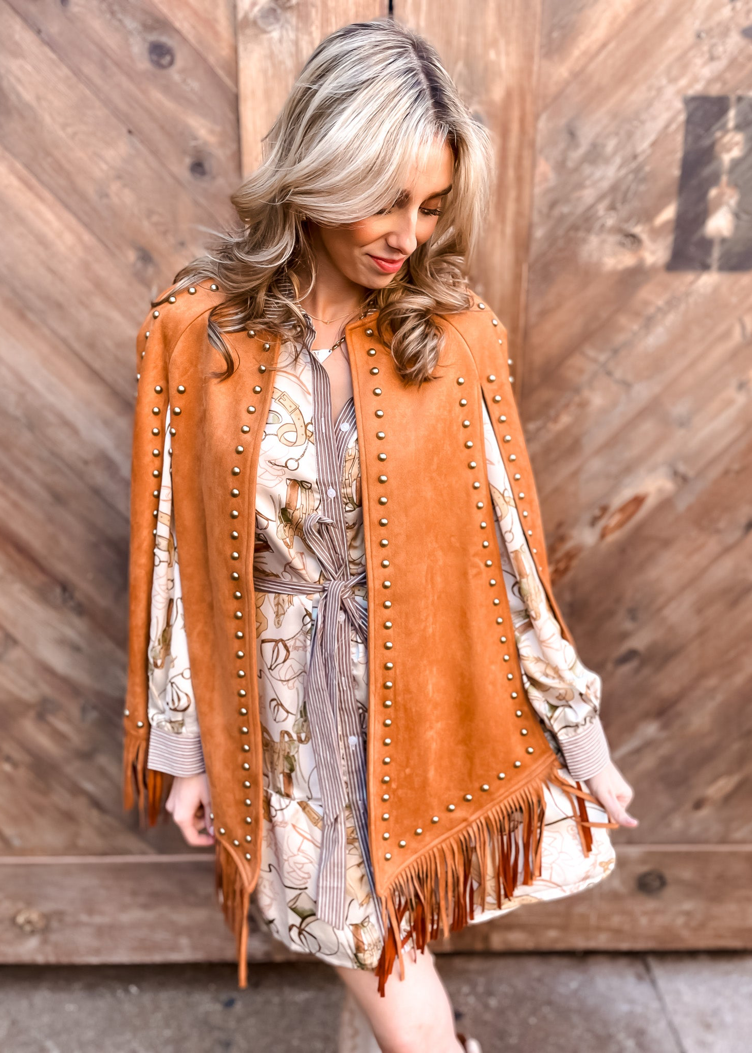 Suede Studded Fringe Cape - Camel