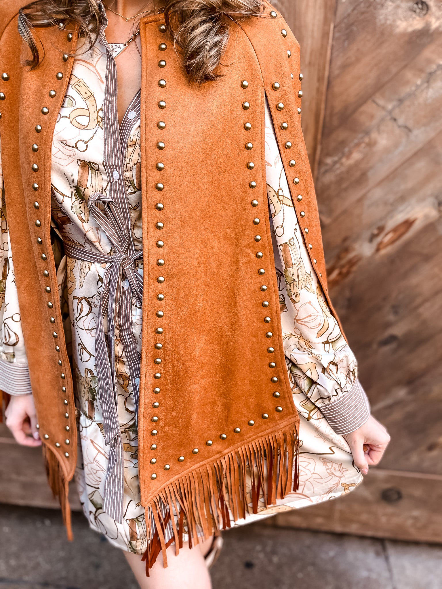 Suede Studded Fringe Cape - Camel