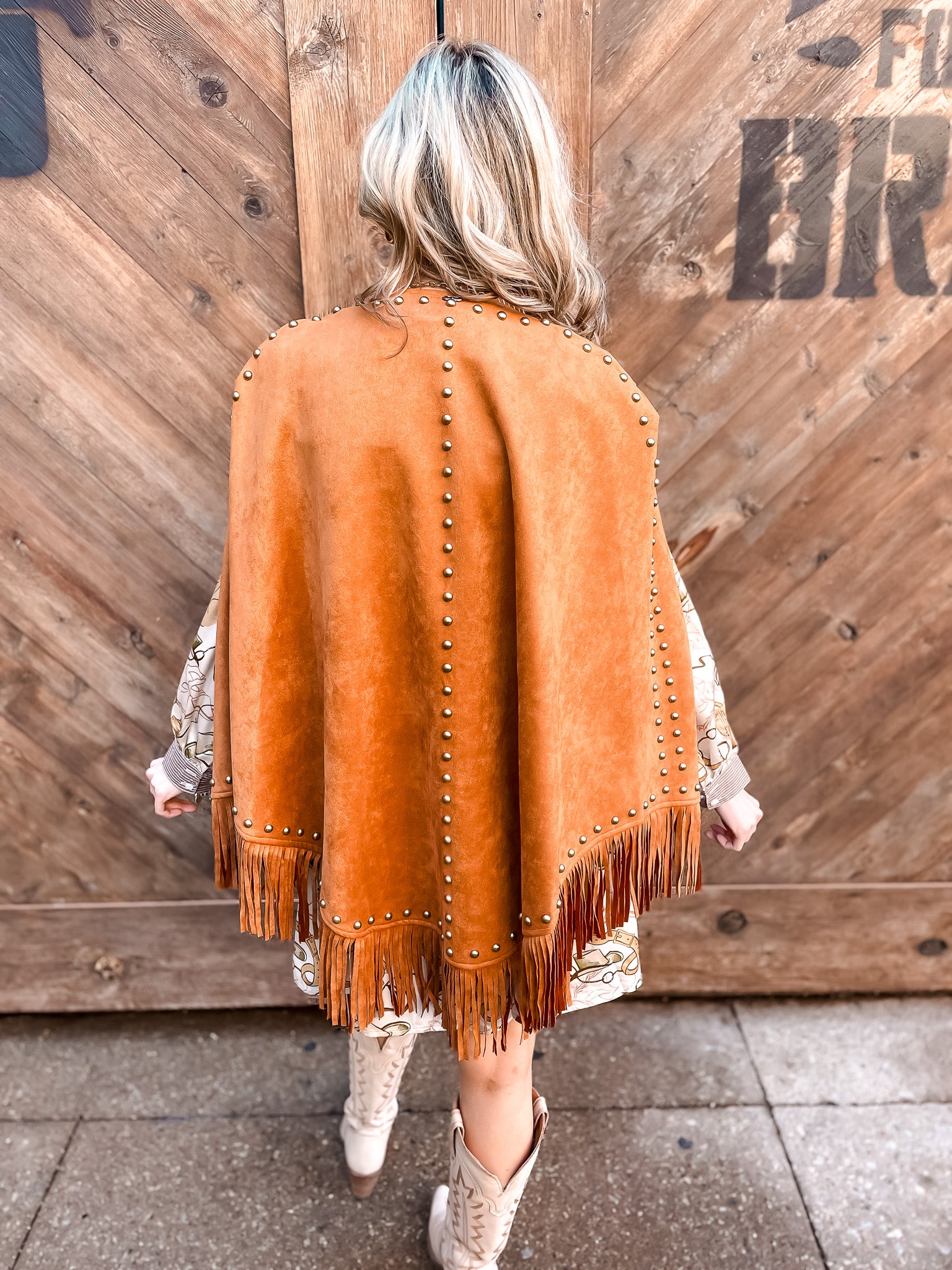 Suede Studded Fringe Cape - Camel