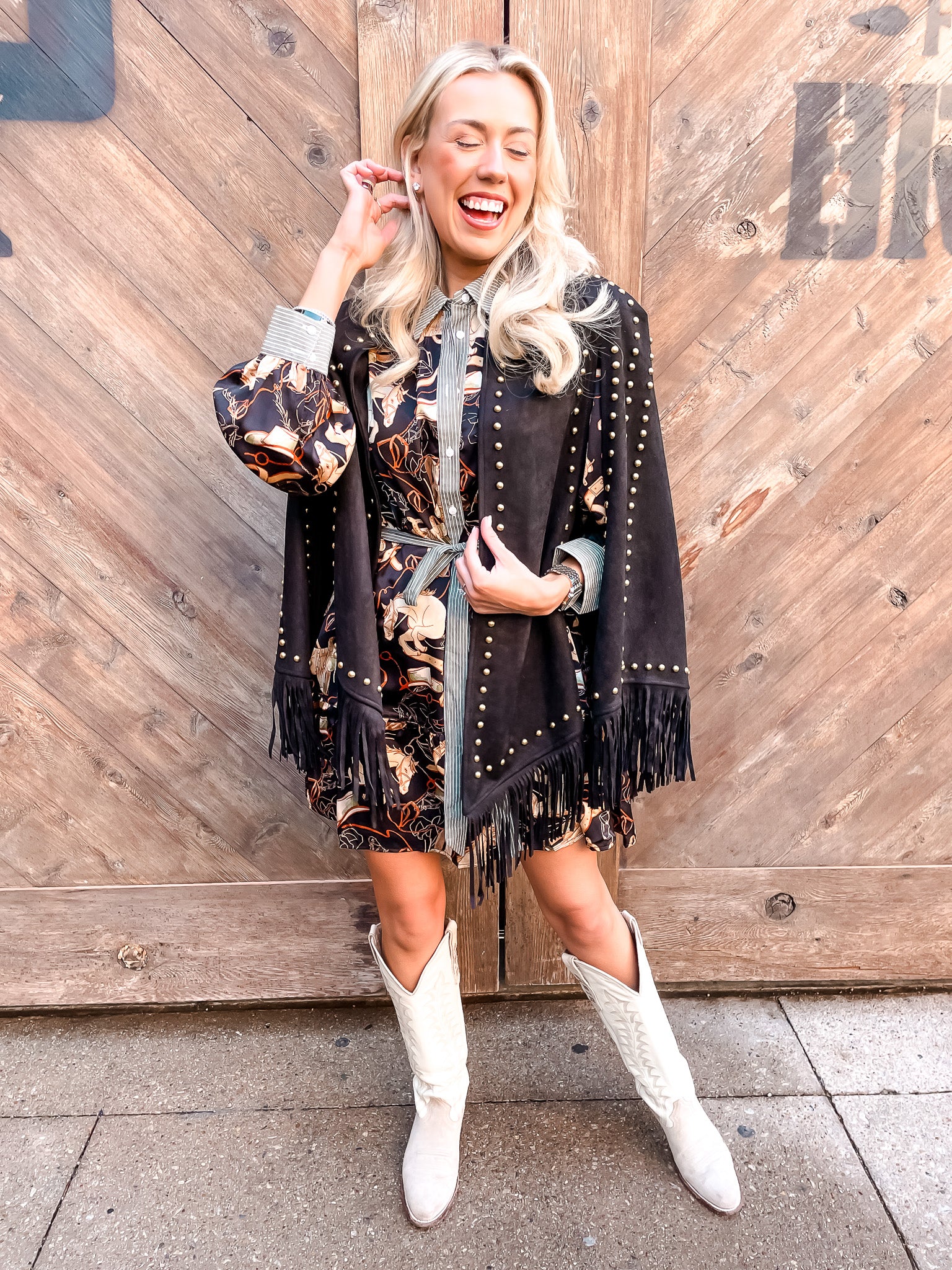 Suede Studded Fringe Cape - Black