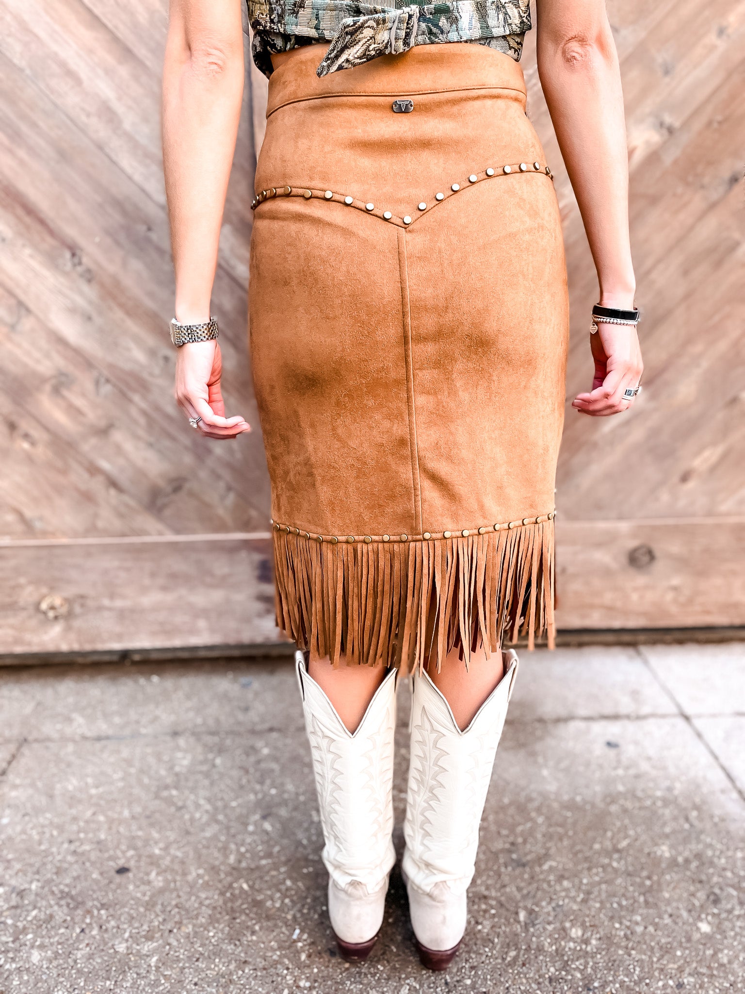 Fringe & Studs Skirt - Camel