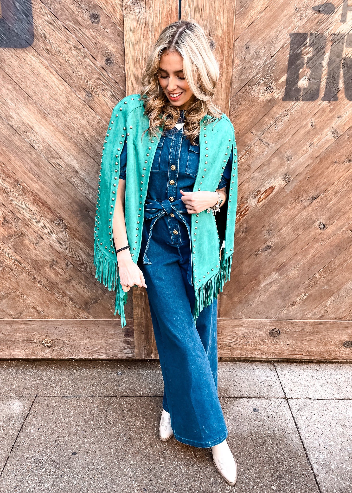 Suede Studded Fringe Cape - Turquoise