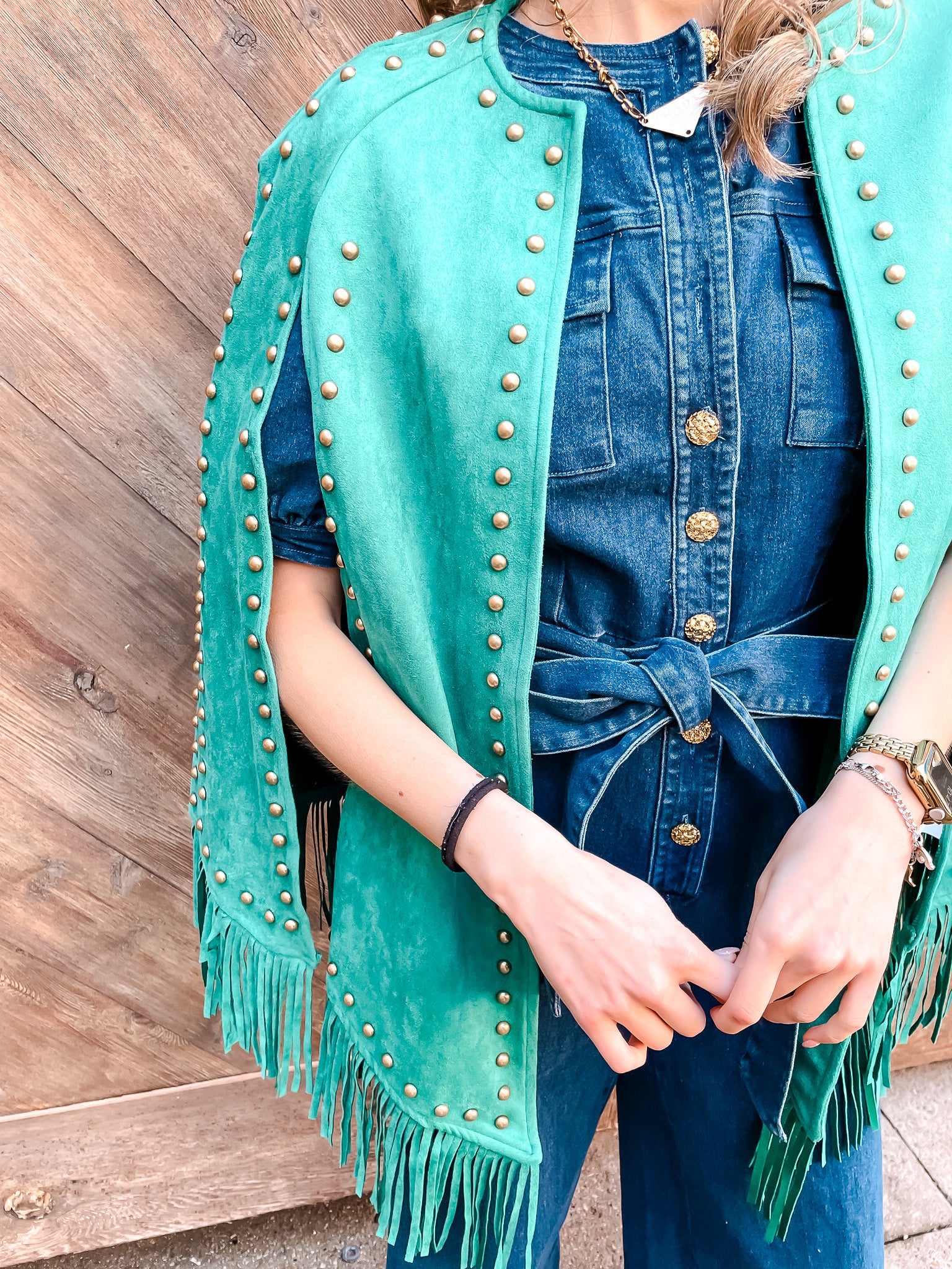 Suede Studded Fringe Cape - Turquoise